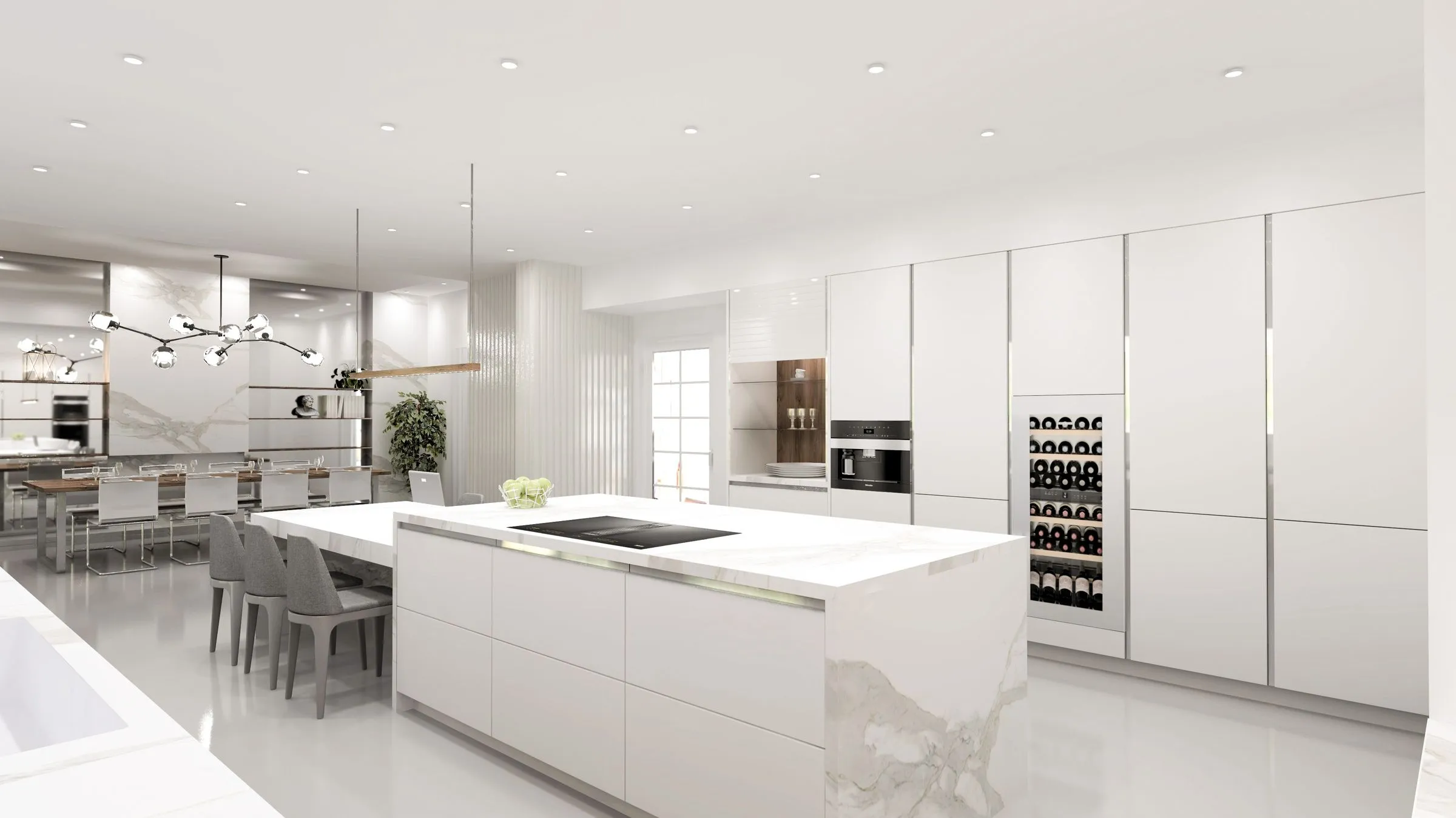 A kitchen with two facing runs of units and a pale island between them.