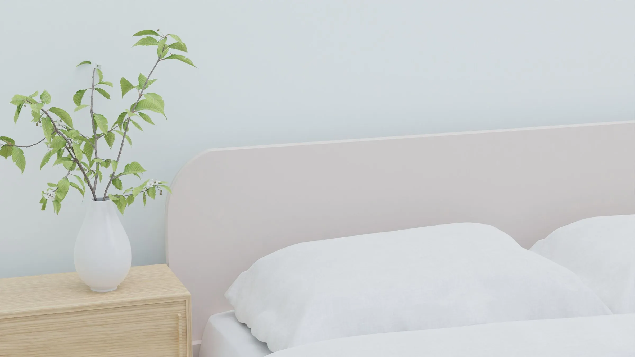 Bedroom at Casa Terra with white bedding and a wooden nightstand holding cut greenery.