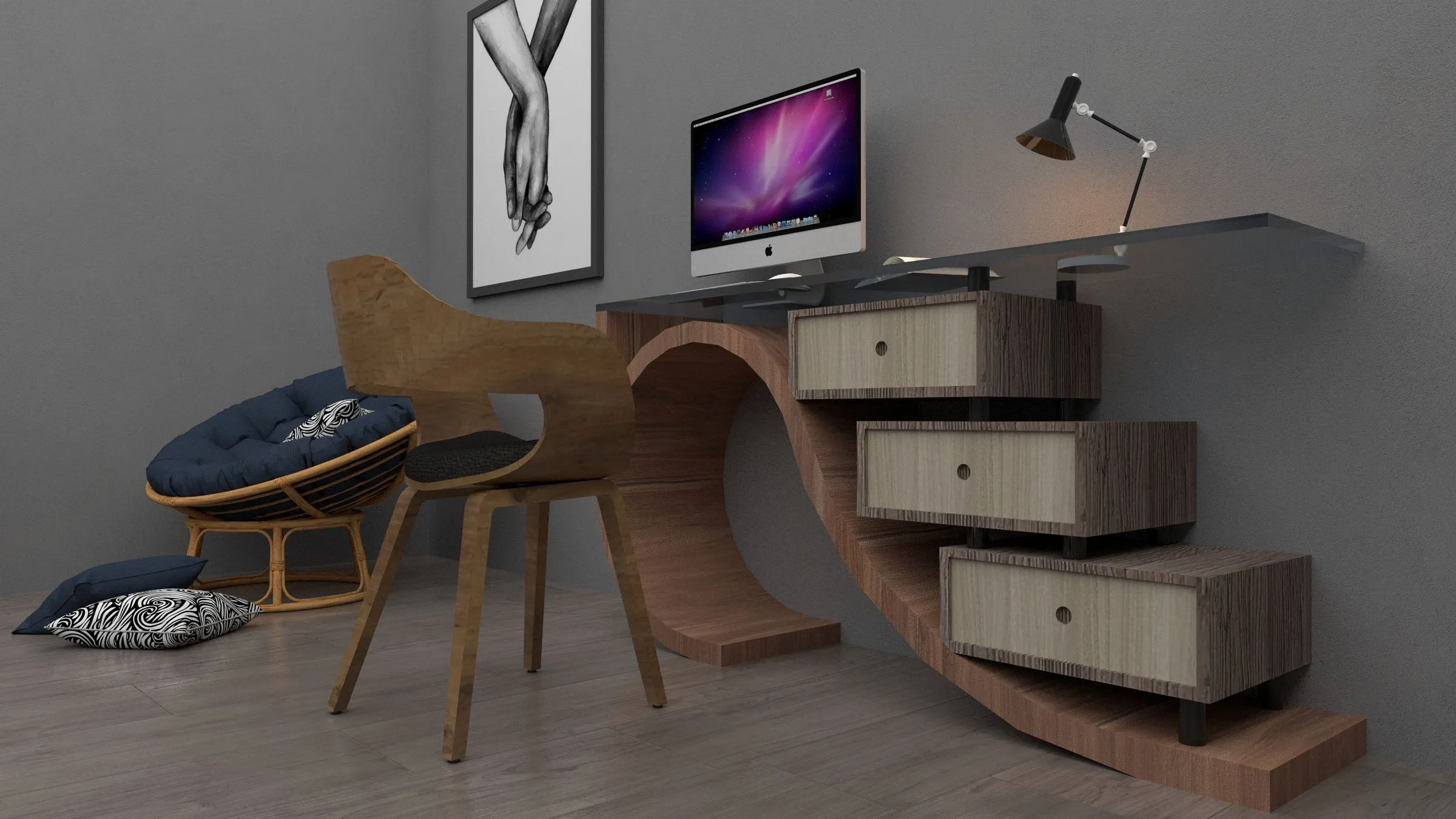 A home office with timber cabinetry and a glass-topped desk.