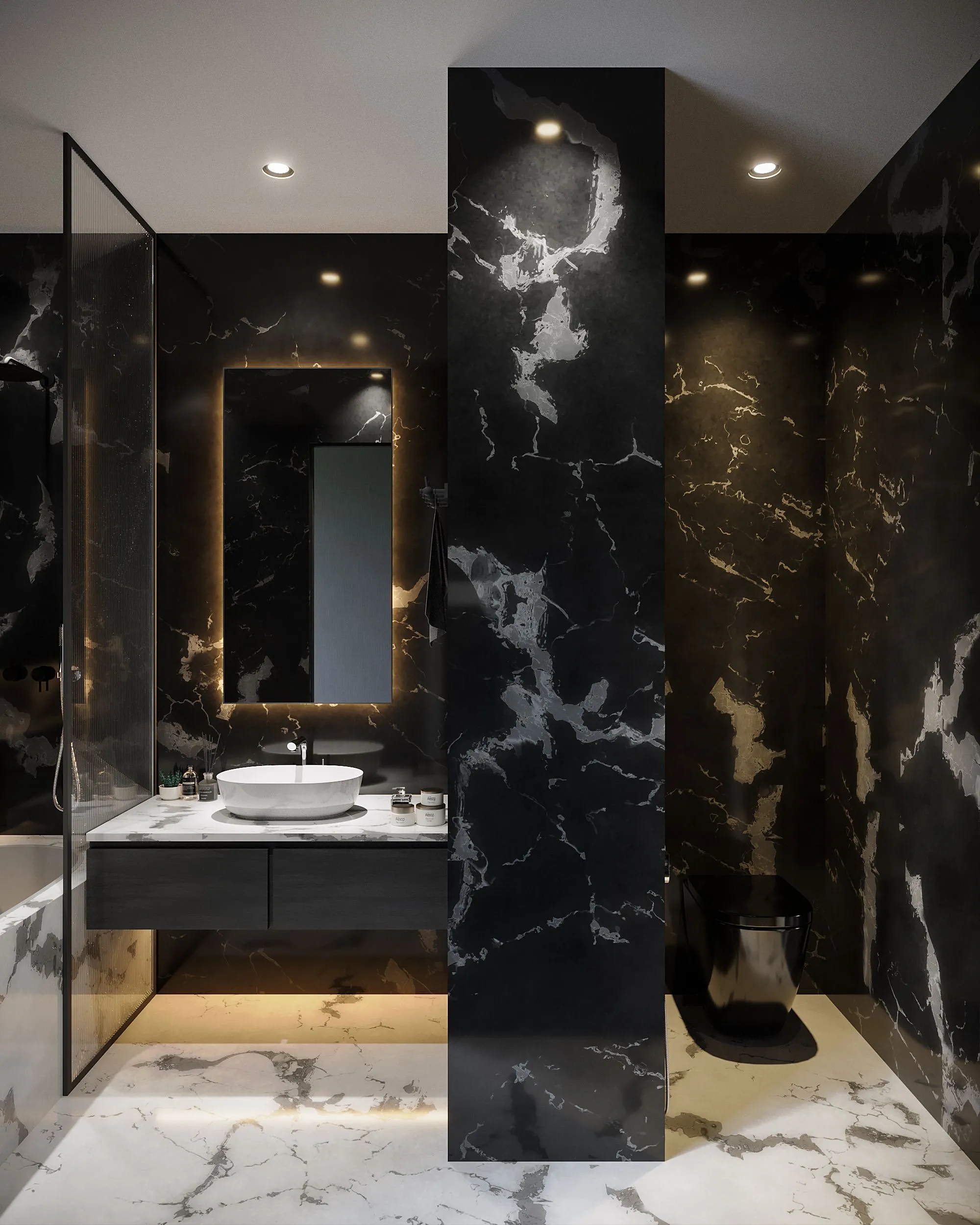 Bathroom at Maison No. 8 clad in black marble with contemporary brassware.