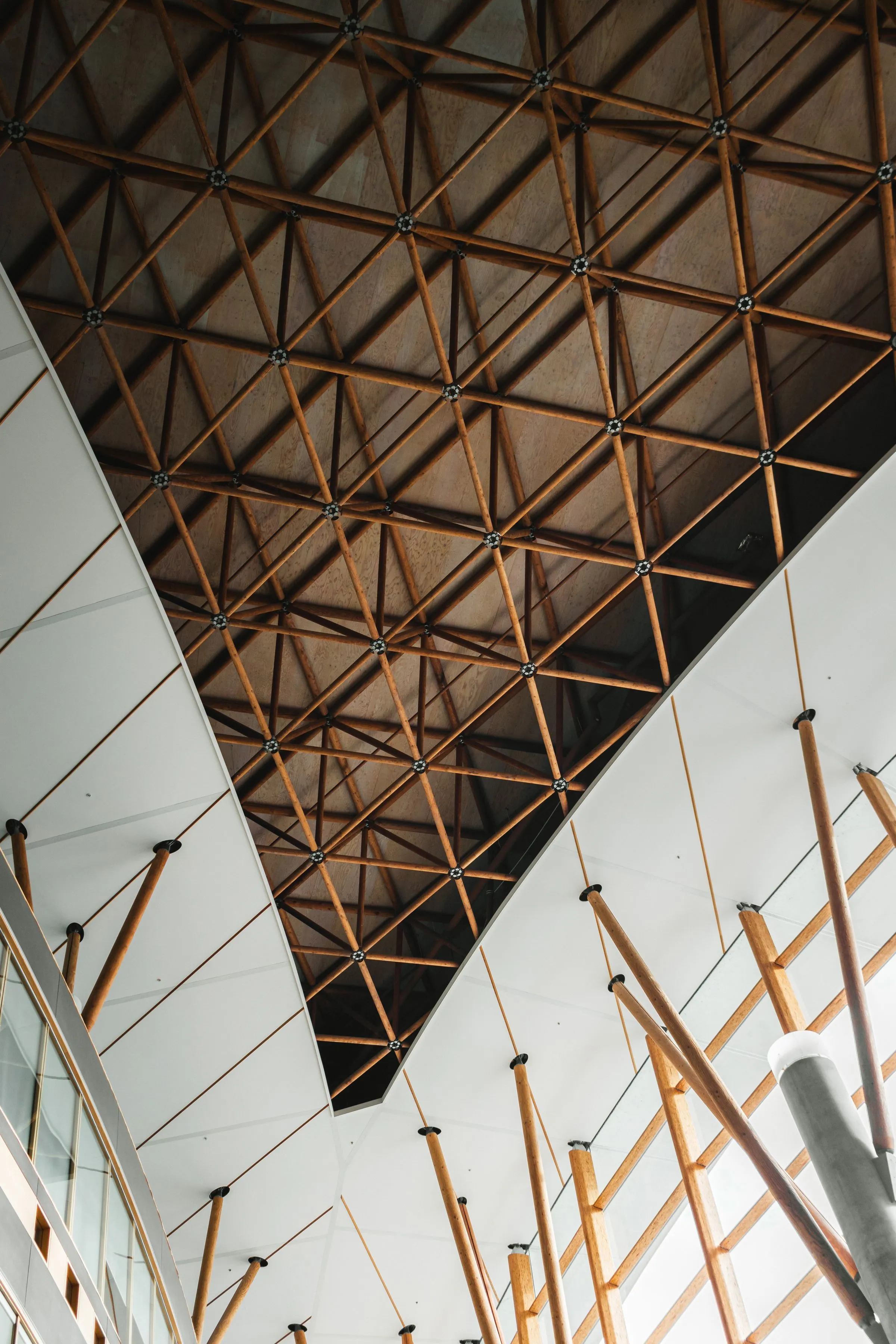 A timber lattice ceiling structure seen from below against a pale sky.