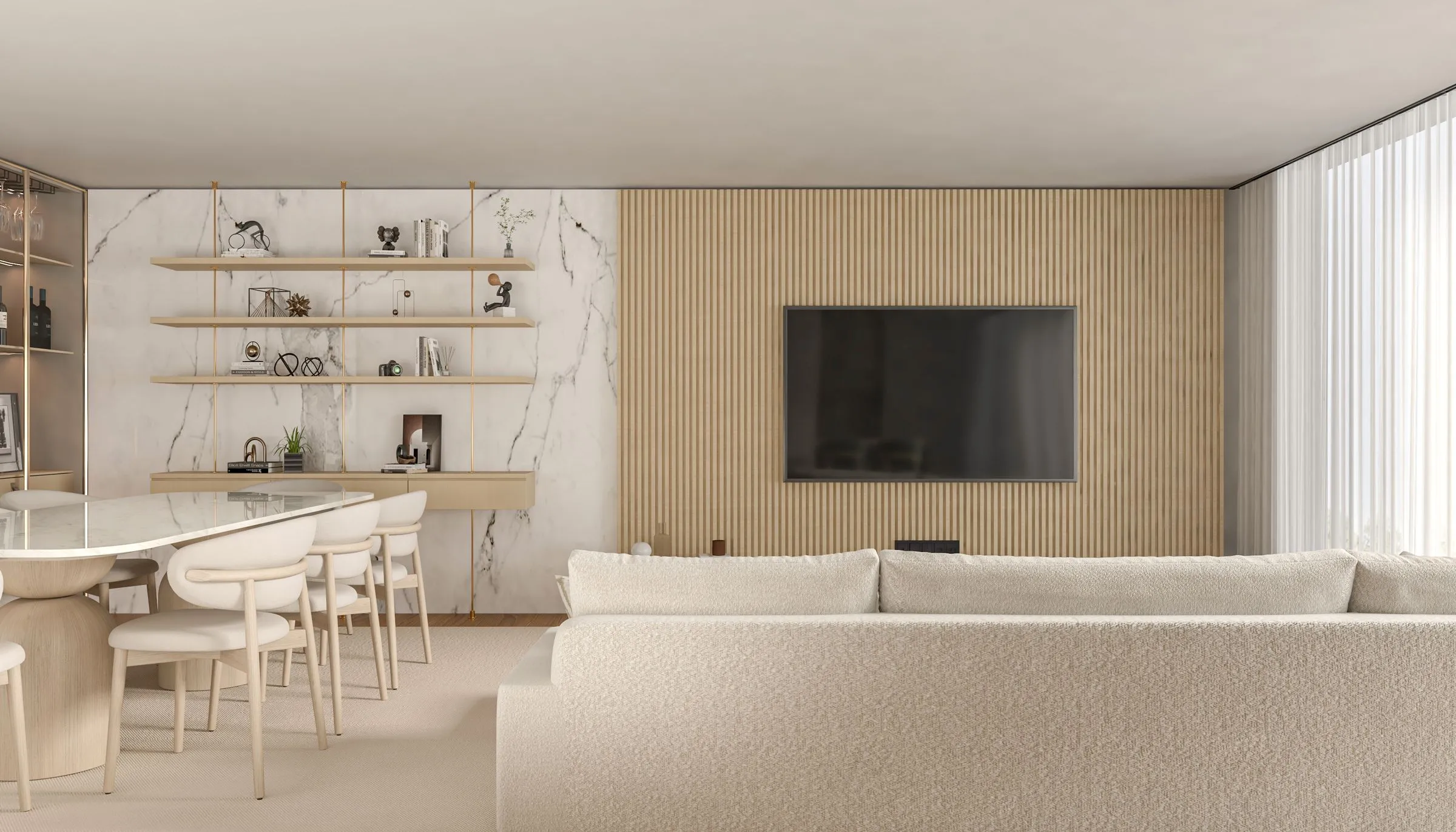 Living room of the Serein apartment with low pale seating and a wide city window.