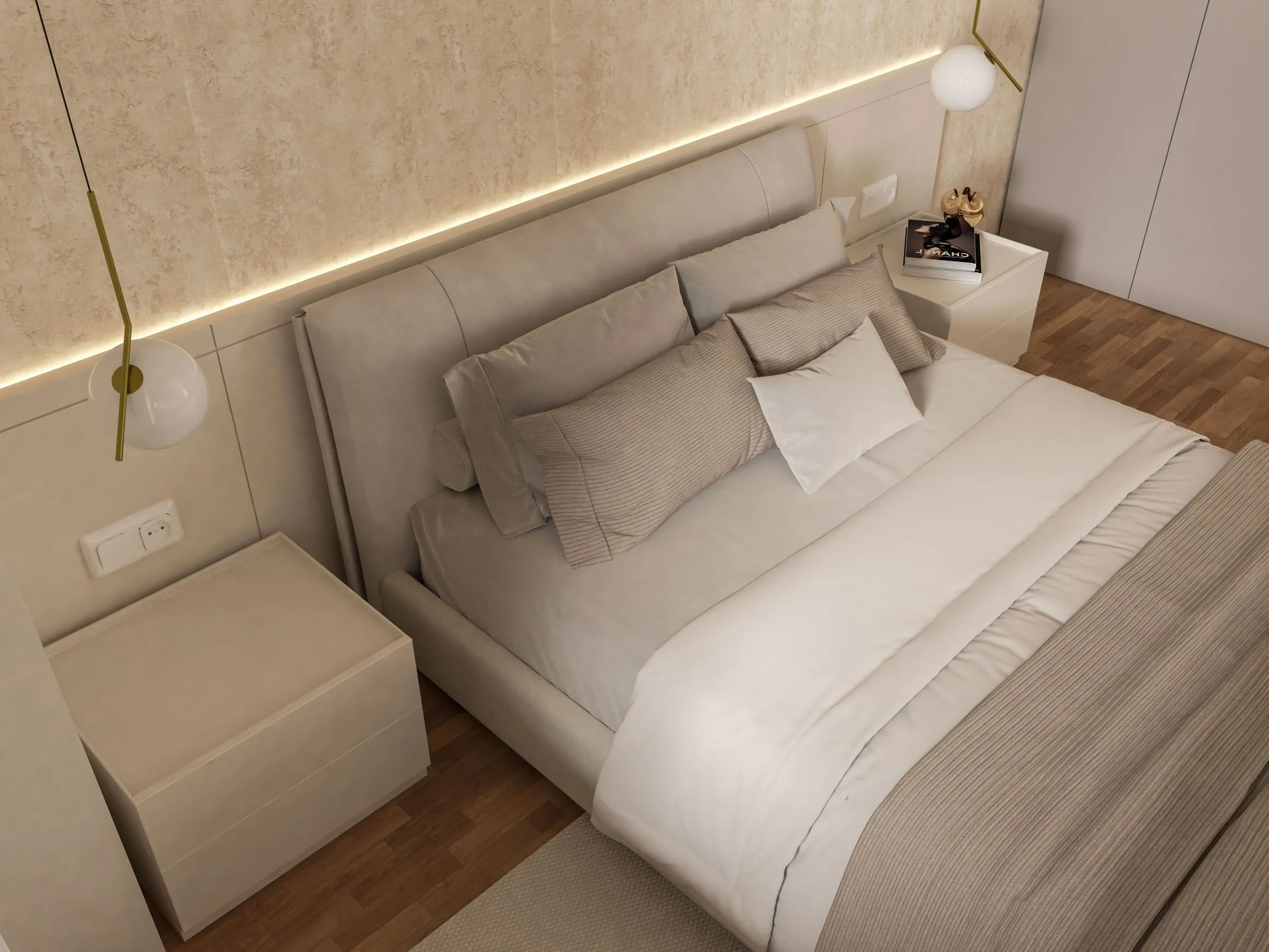 Bedroom at Maison No. 8 with a deep upholstered bed and hanging pendant lights.