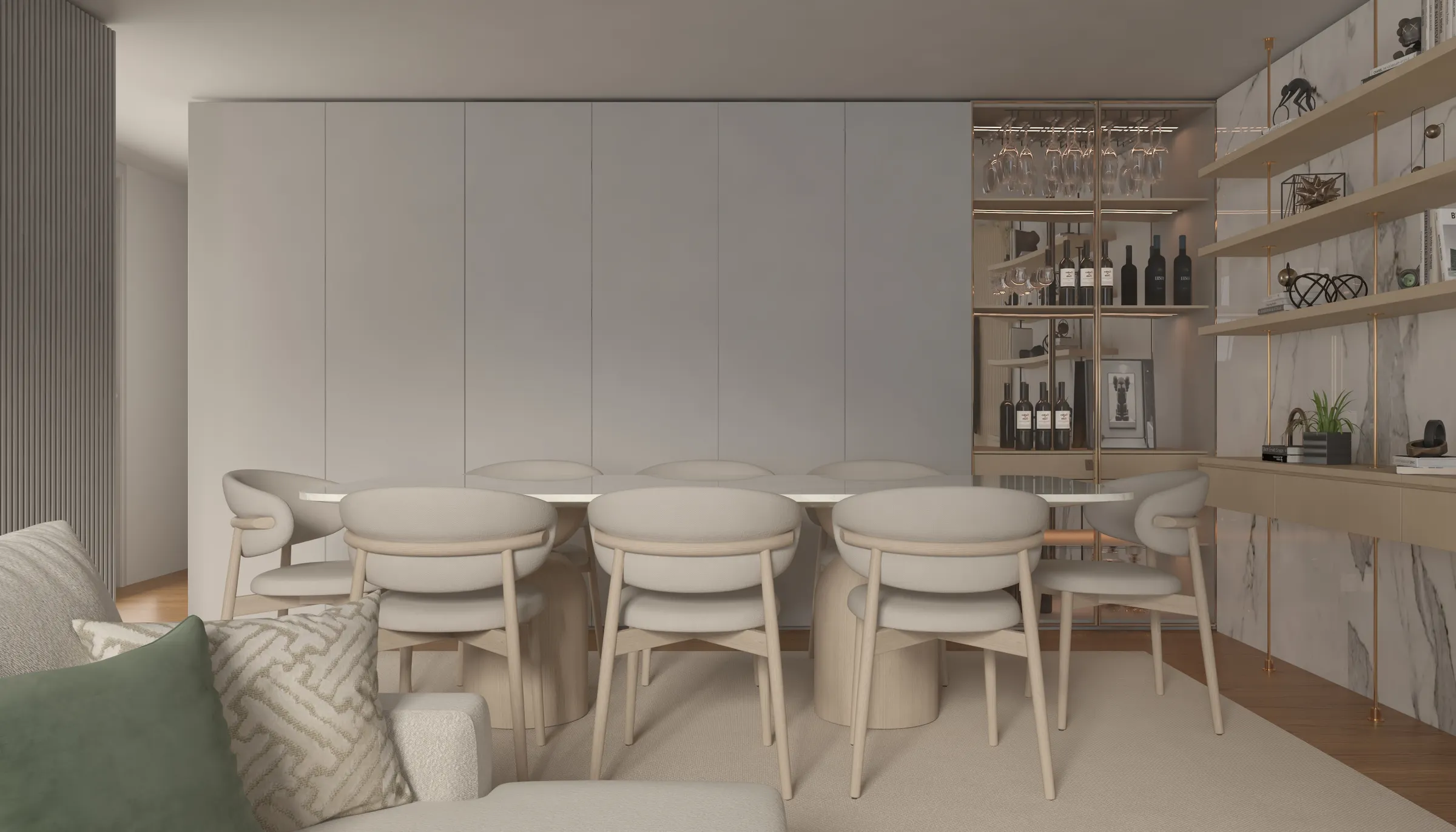 A dining area with a sleek table and chairs adjoining a modern kitchen.