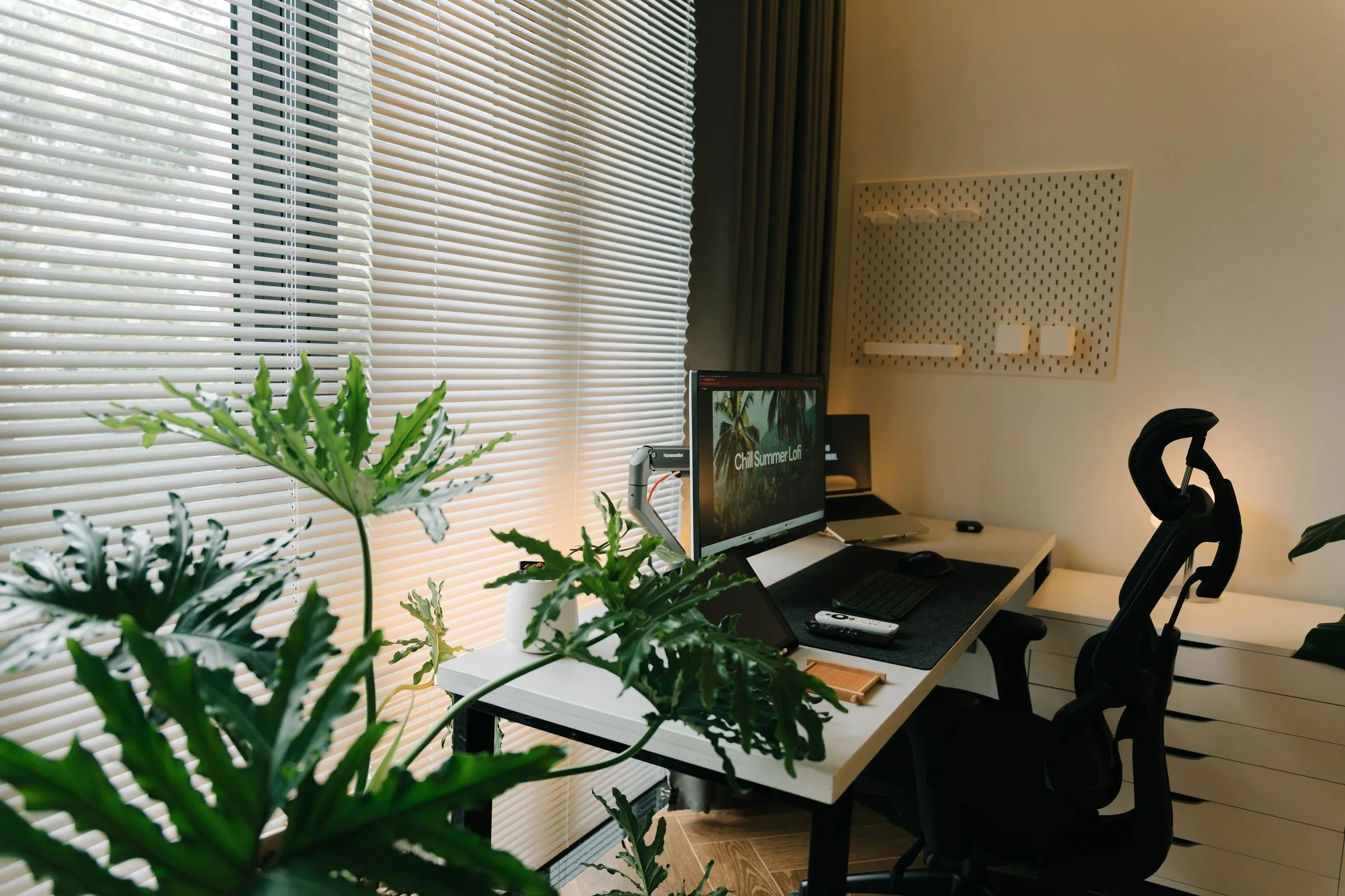 A workspace with a desk, a chair and planting beside a shaded window.