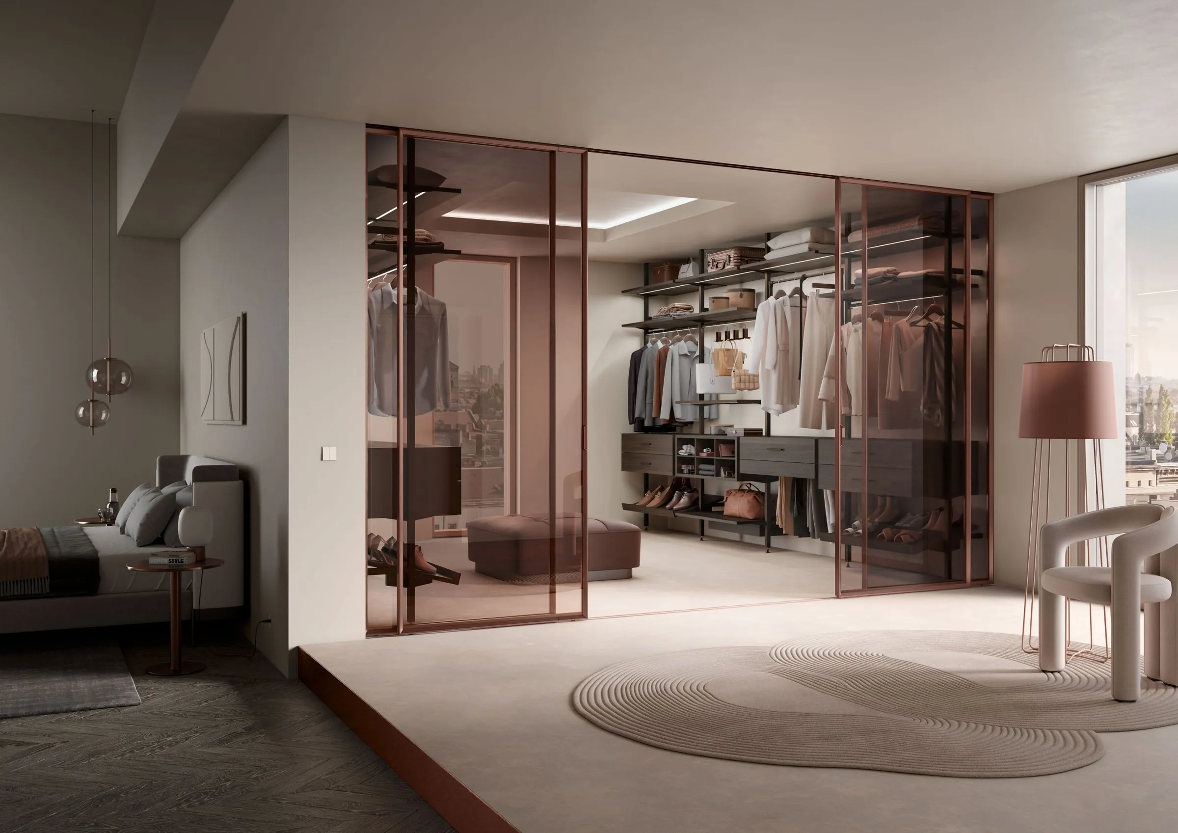Glass-fronted wardrobe joinery in the Serein apartment, internally lit.