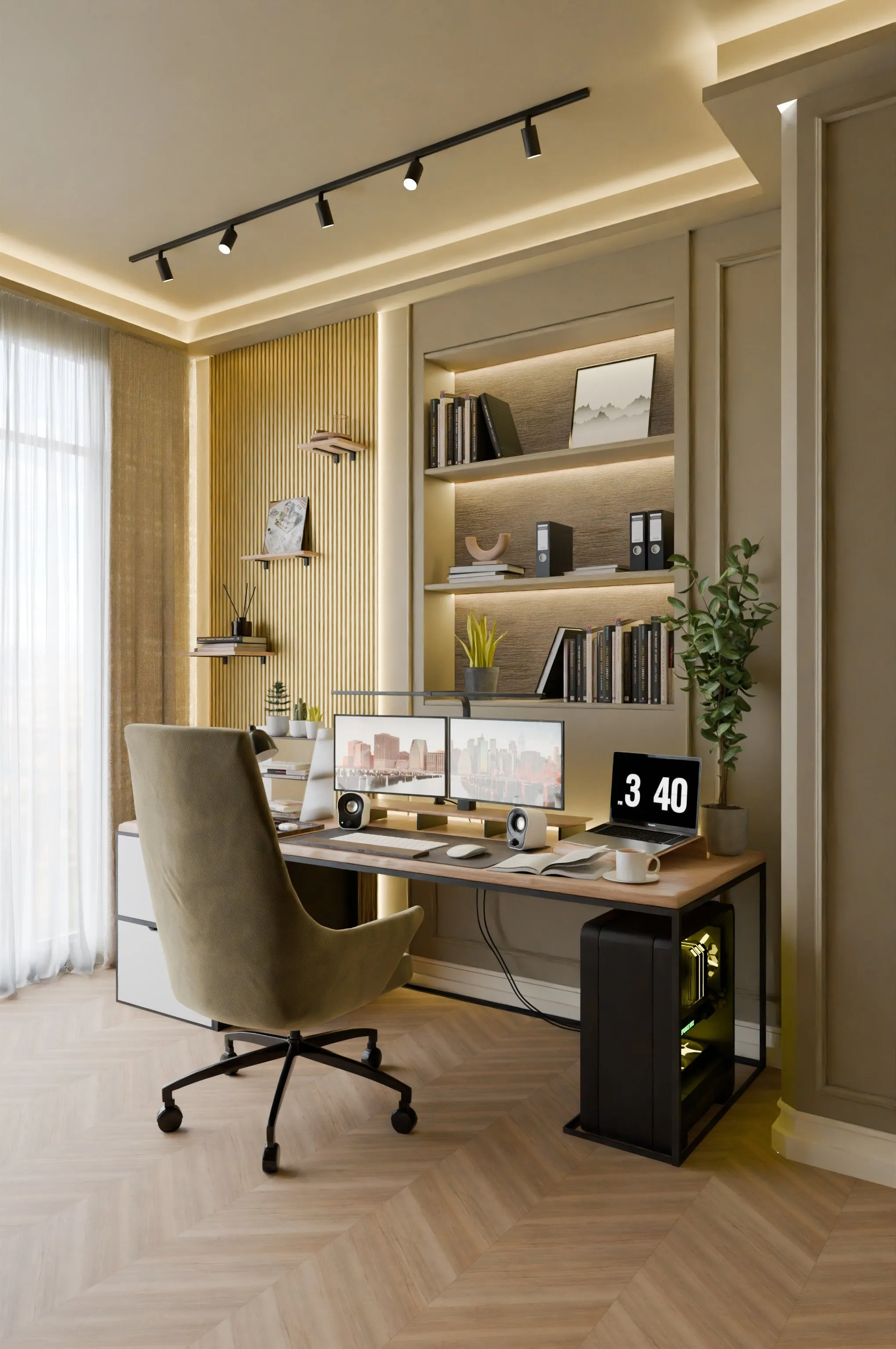 A finished home office with dual monitors, timber joinery and warm lighting.