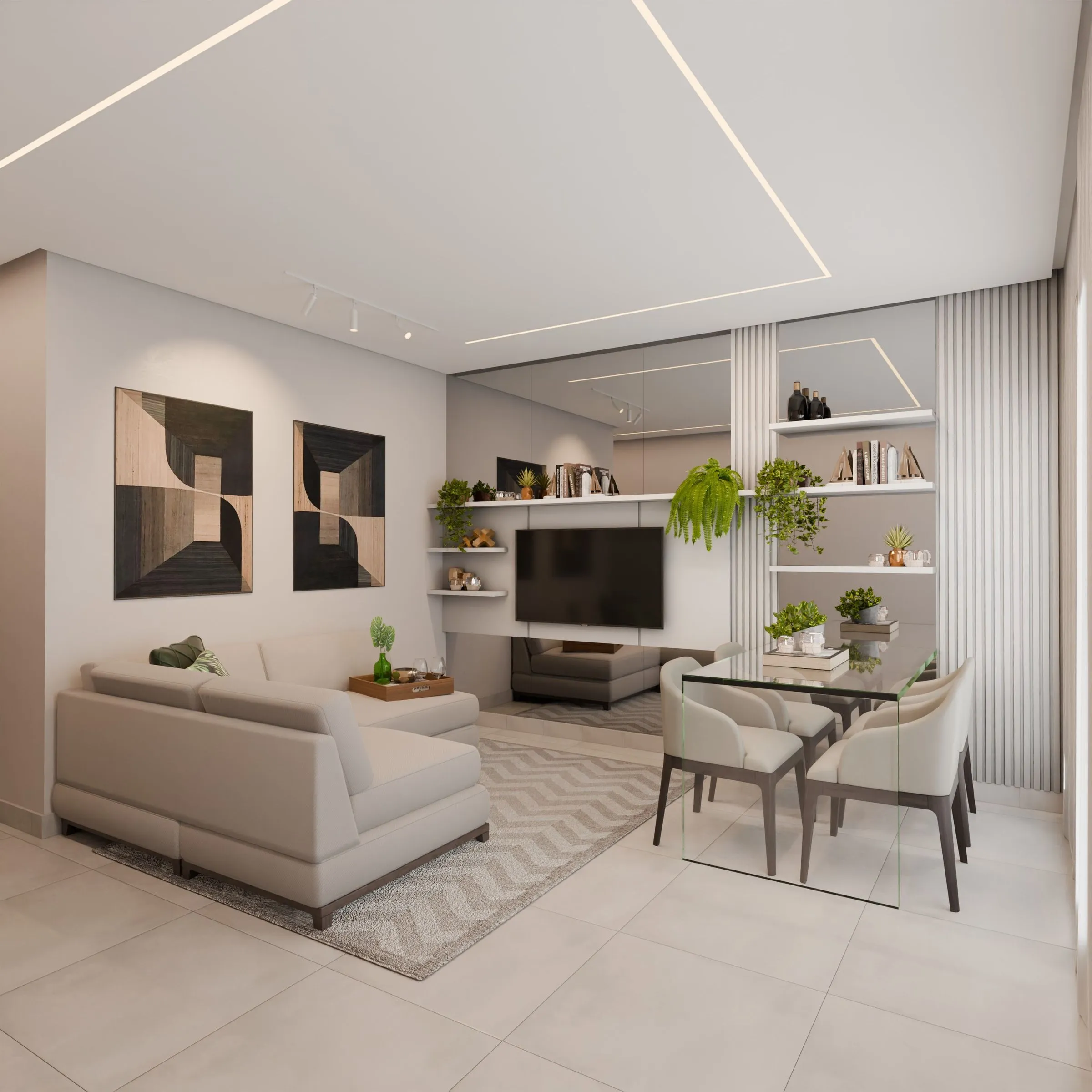 A quiet modern living room in neutral tones with a plant beside a wide window.