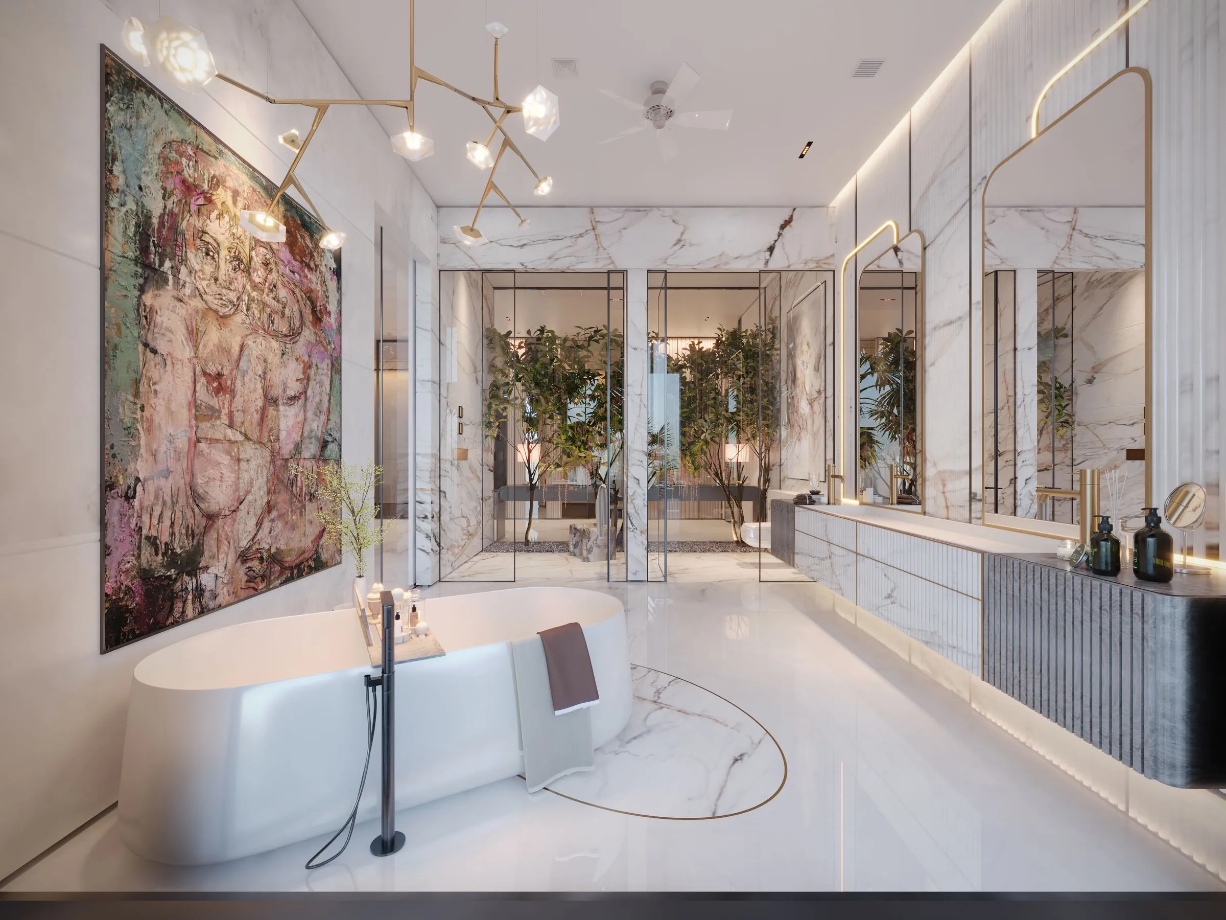 A bathroom with marble surfaces, a freestanding bath and modern brassware.