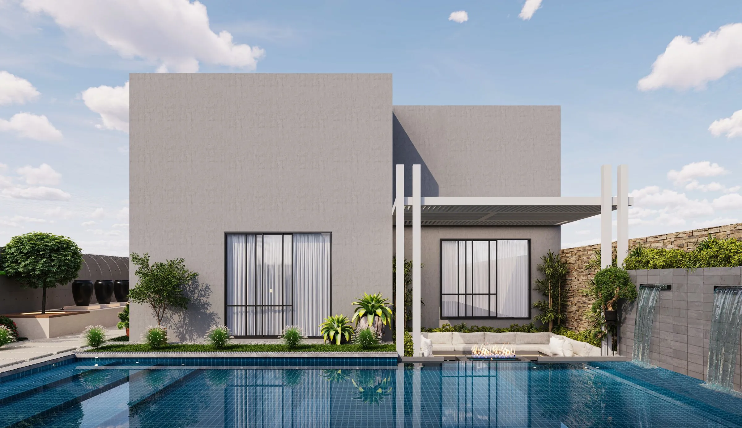 A contemporary villa with a long pool and planting along the terrace.