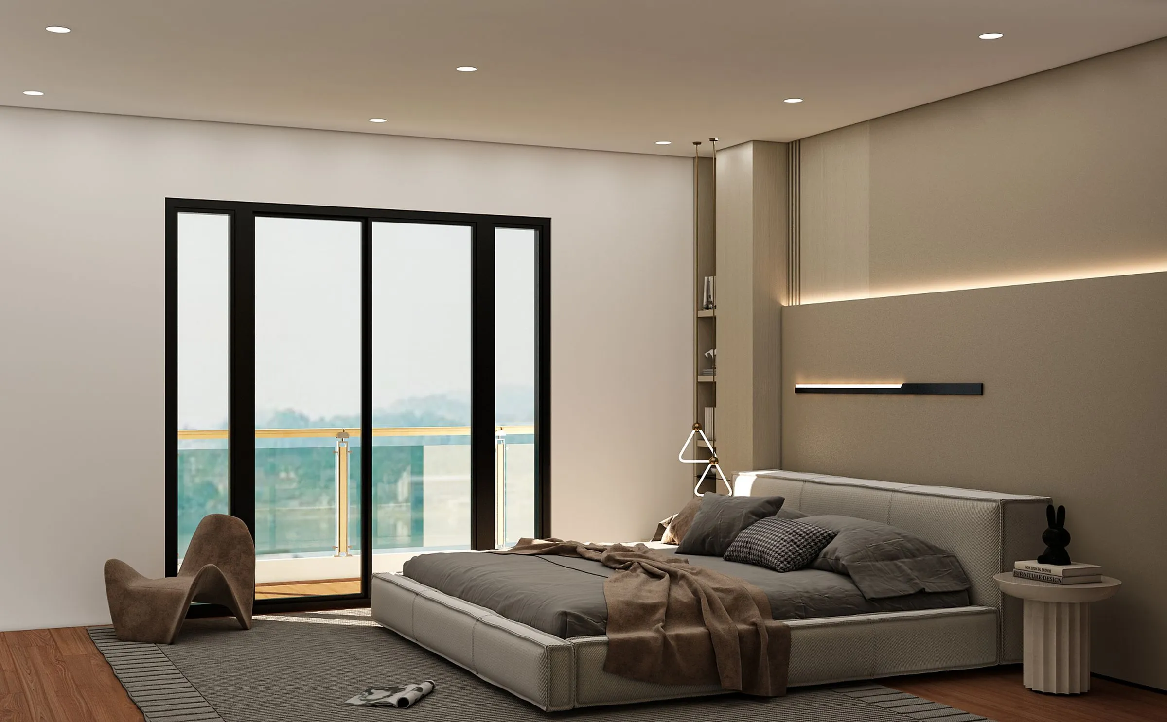 Bedroom at The Oak House with a low bed, pale walls and daylight from a side window.