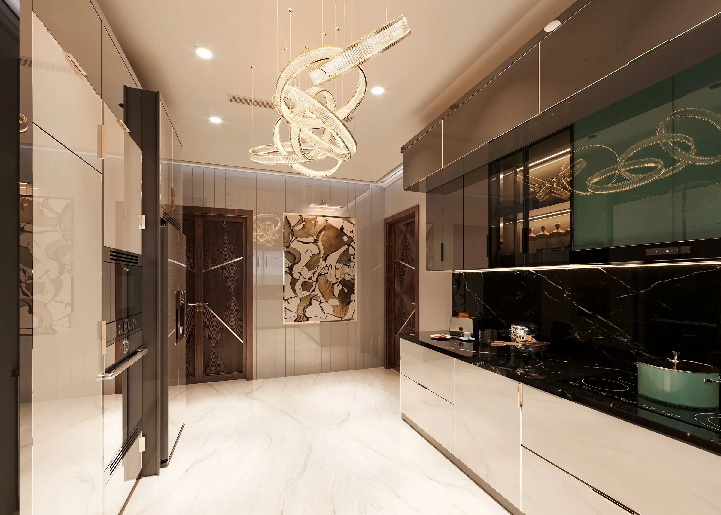 A large kitchen and dining space with sleek cabinets and a sculptural pendant light.