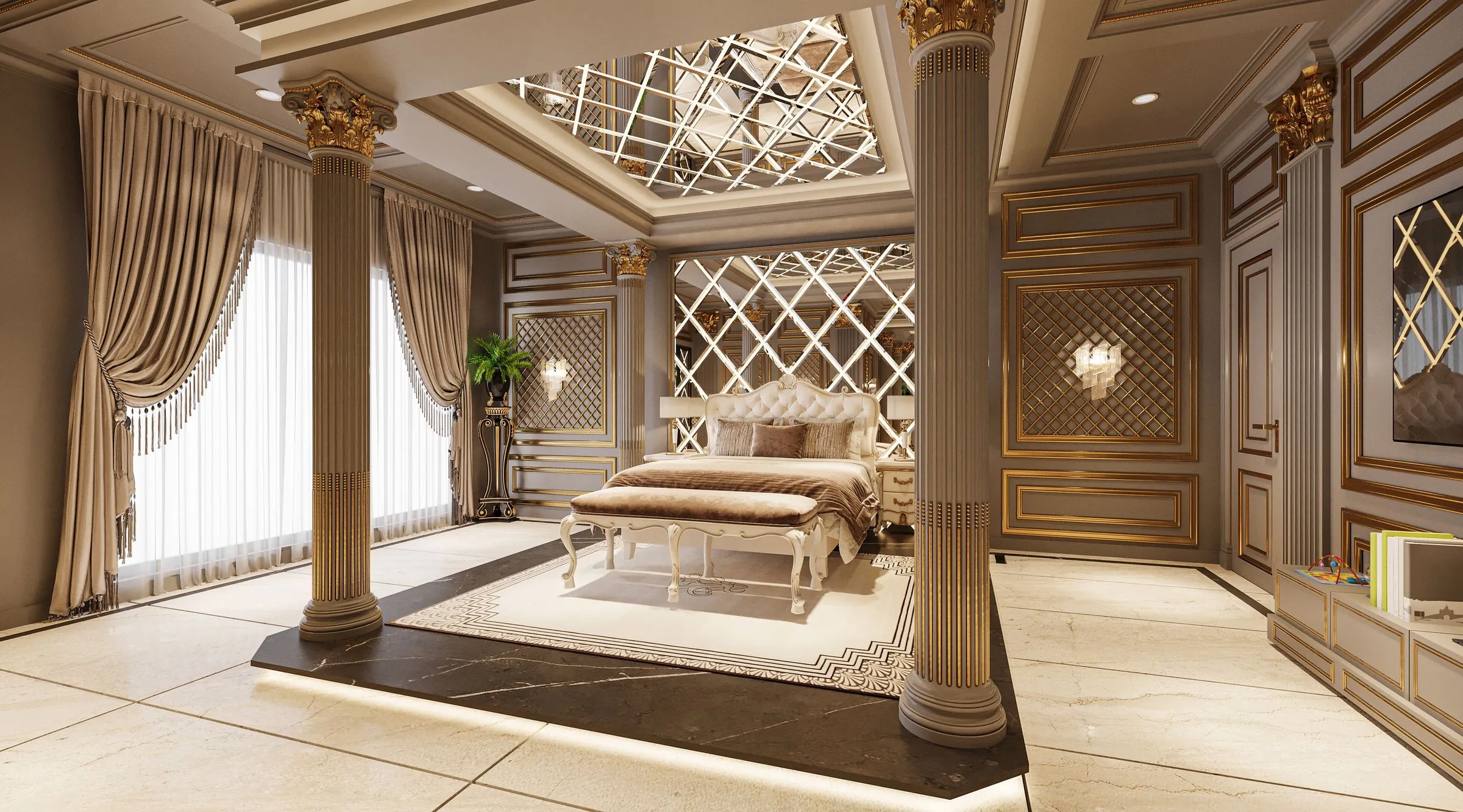 A bedroom with classic furnishings, warm metal accents and dramatic lighting.