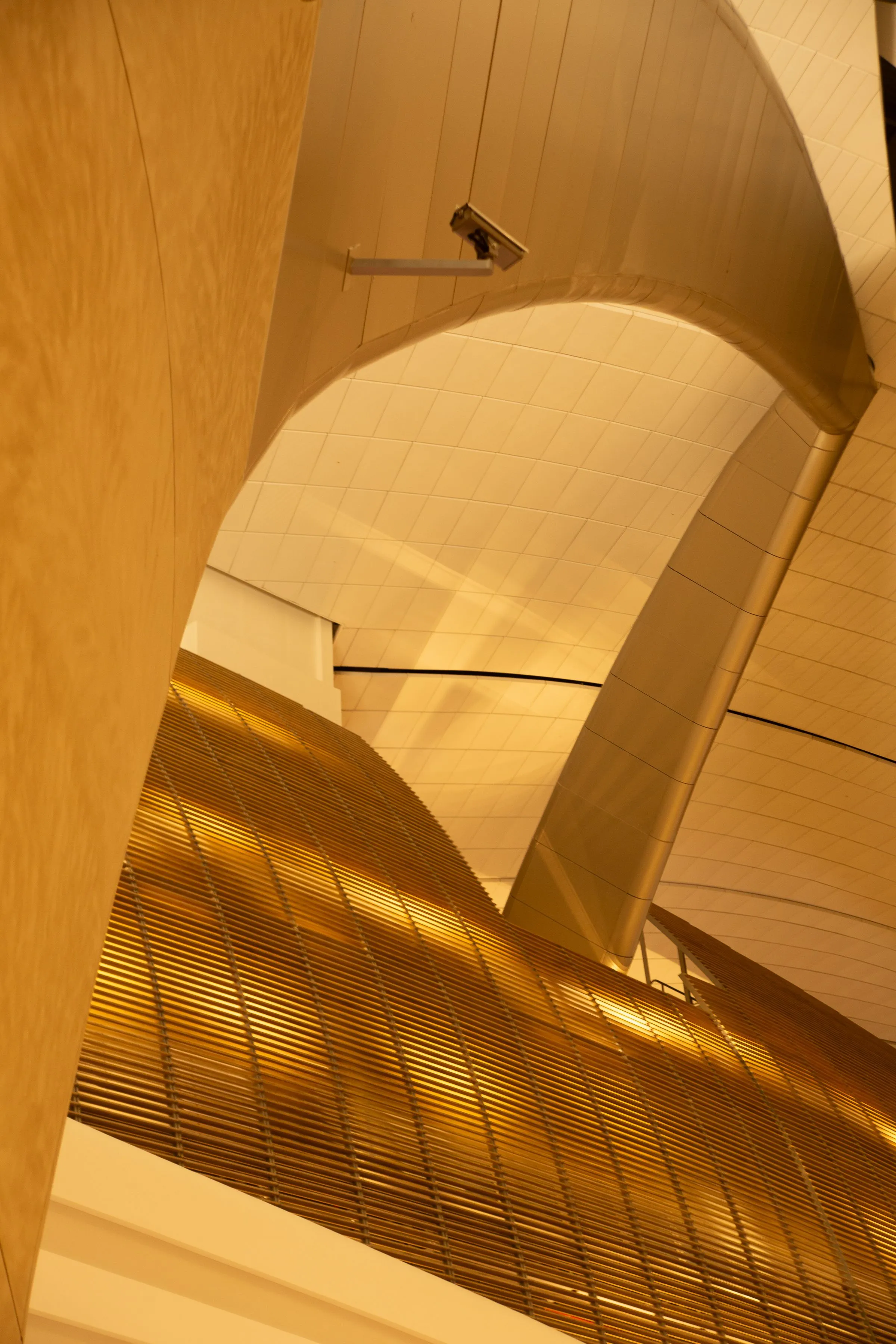 A curved ceiling in warm tones, lit from a concealed cove along its edge.