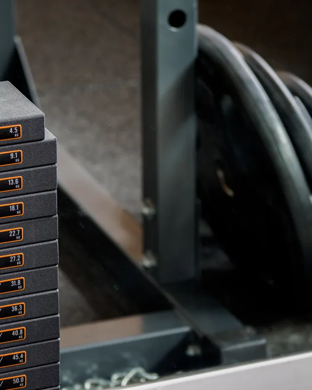 Weight stack and selector pin on a strength machine