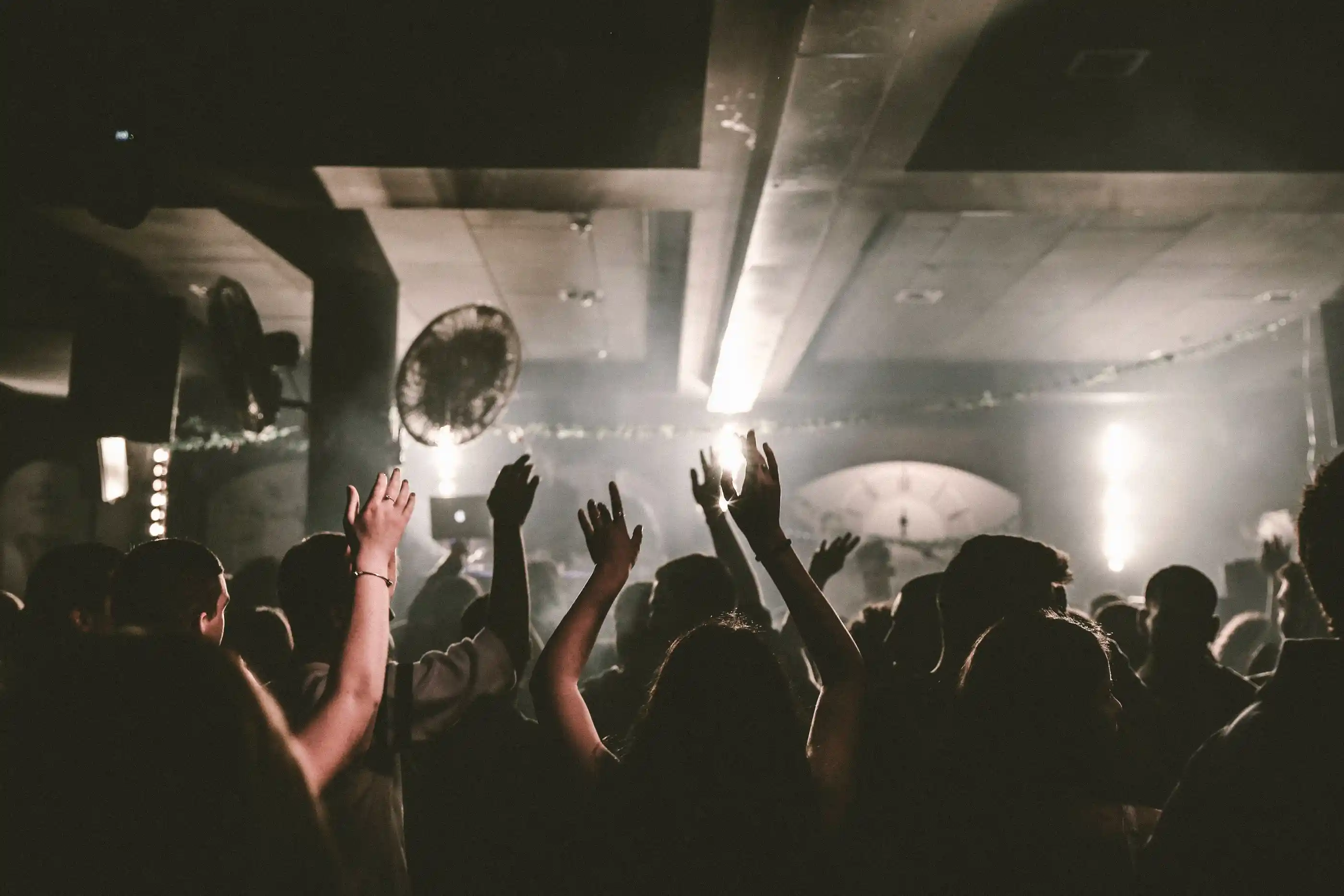 A dance floor of guests with arms raised under club lighting