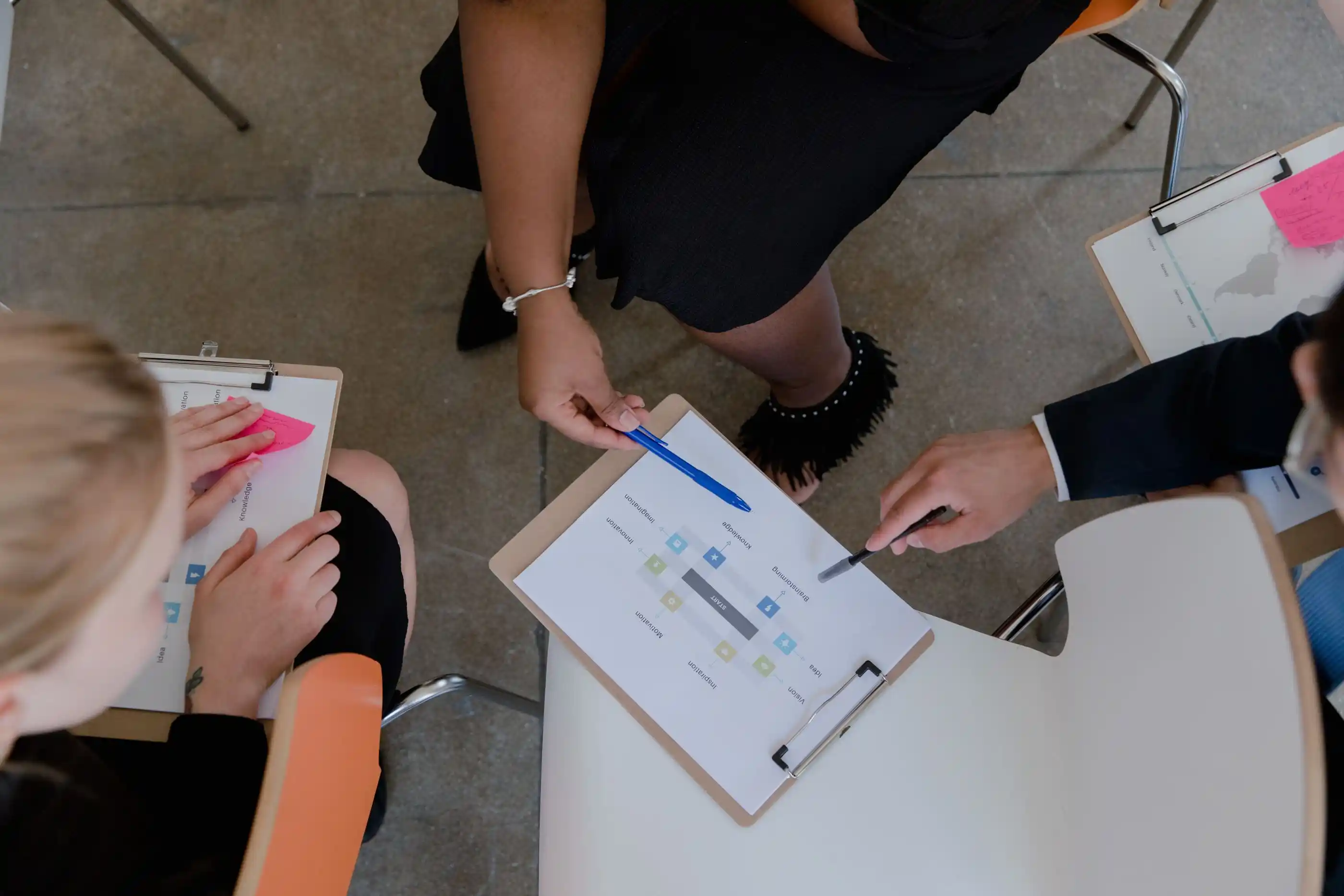 A planning team working over printed layouts and notes on a table