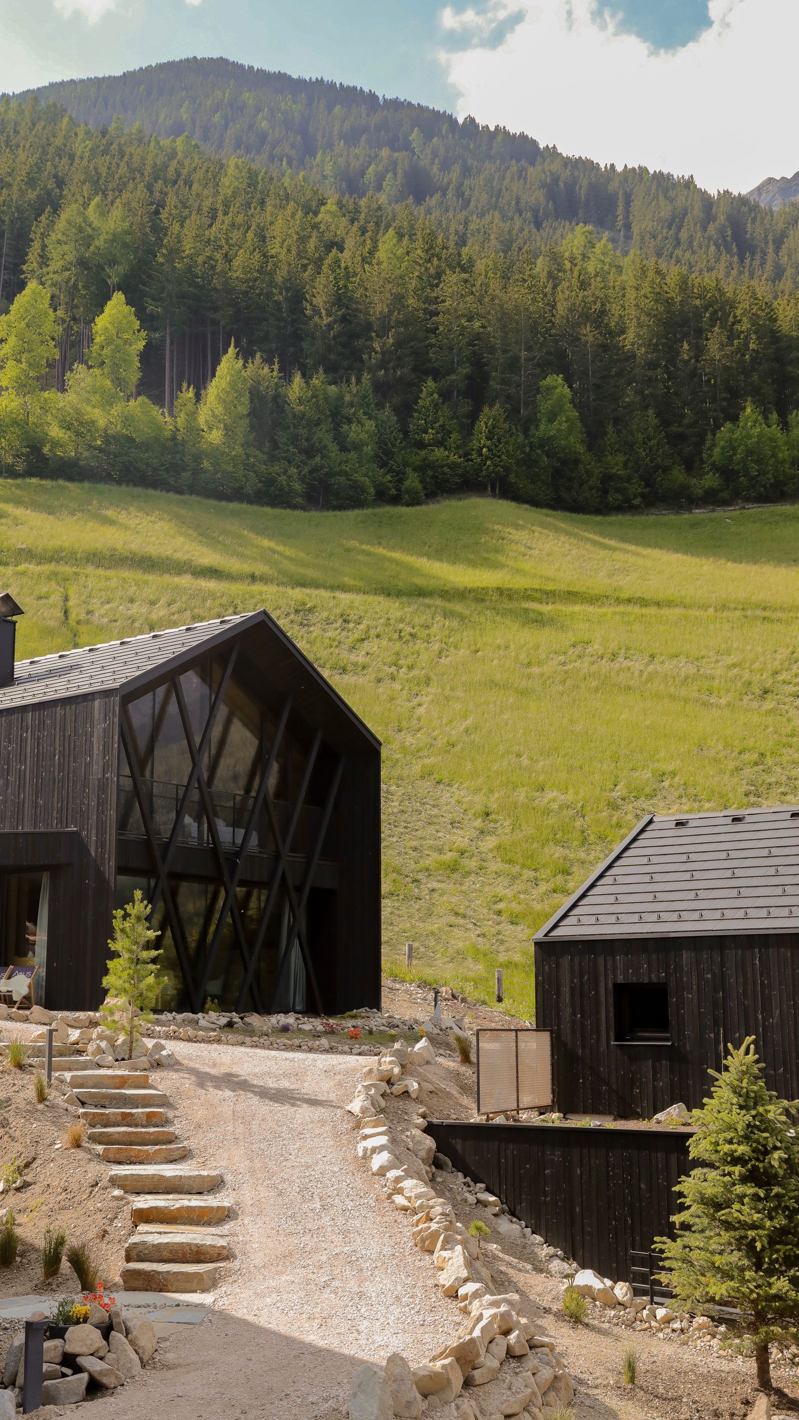 Exterior render of a dark barn-form house set on a green Scottish hillside