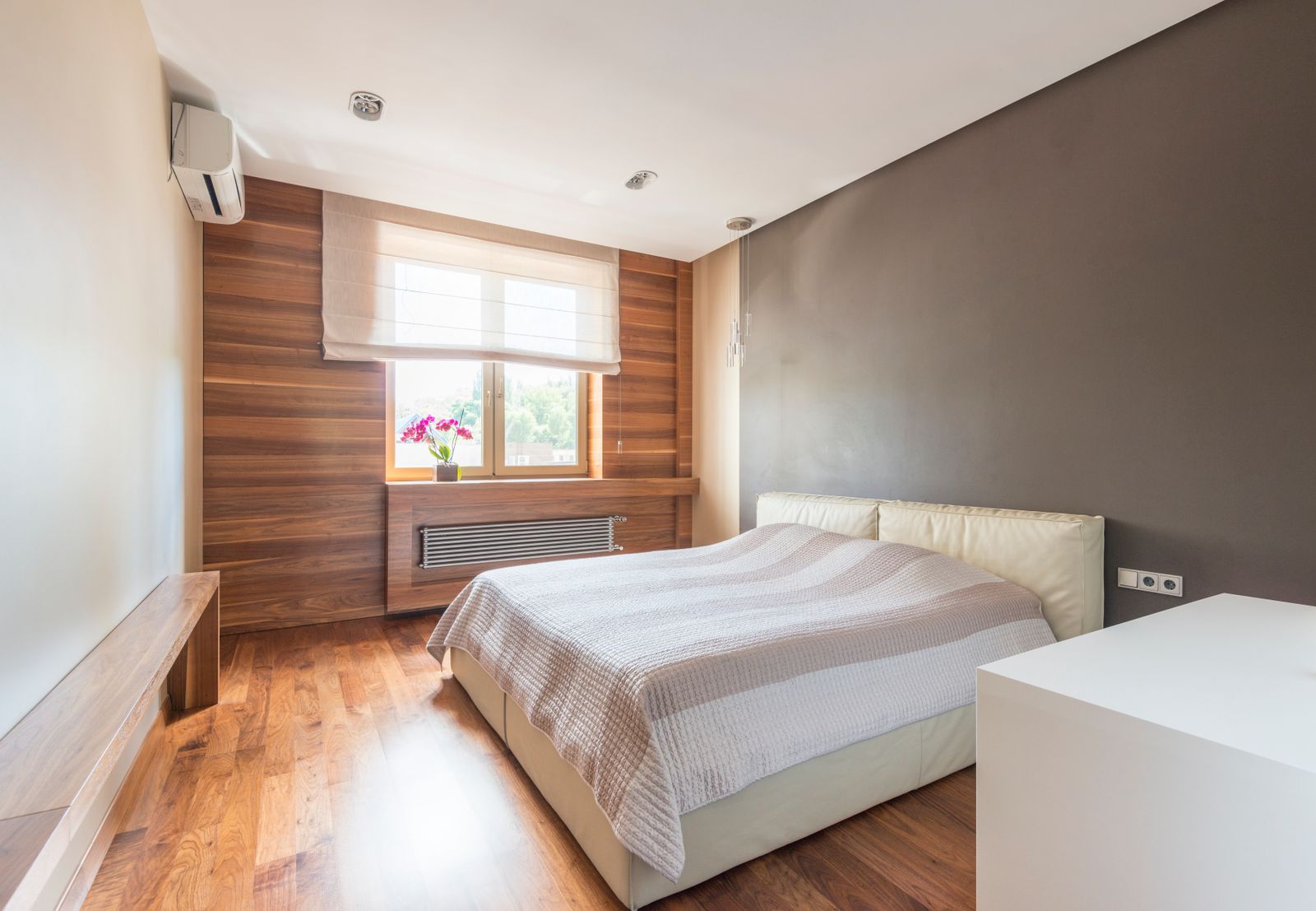 Interior render — panelled bedroom with soft morning light