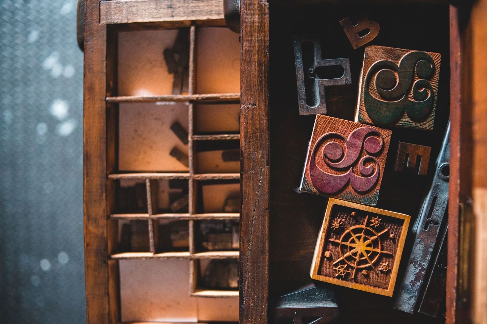 Open type cases of wooden letterpress sorts, seen from above