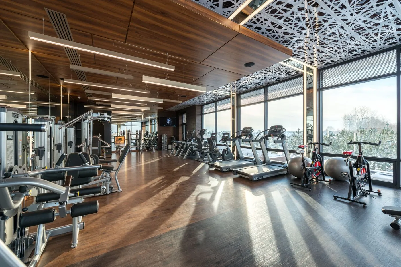 Sunlit fitness floor with cardio machines under a timber ceiling