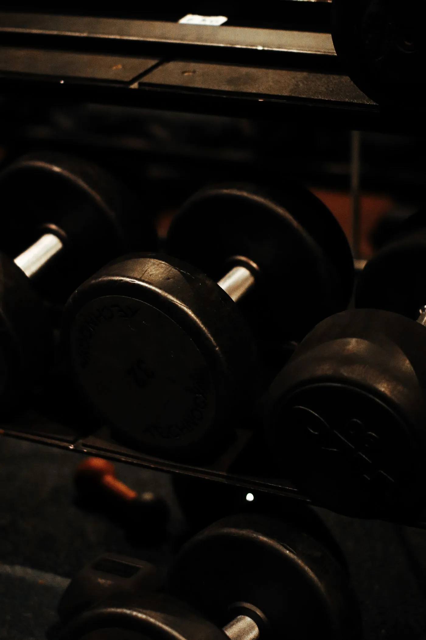 Rack of heavy dumbbells in a dimly lit weight room