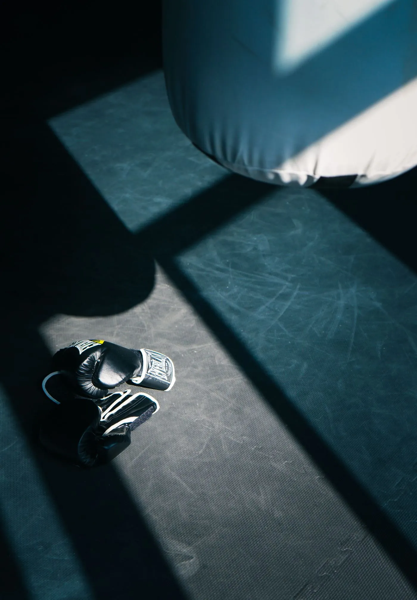 Boxing gloves resting in a shaft of light beside a heavy bag