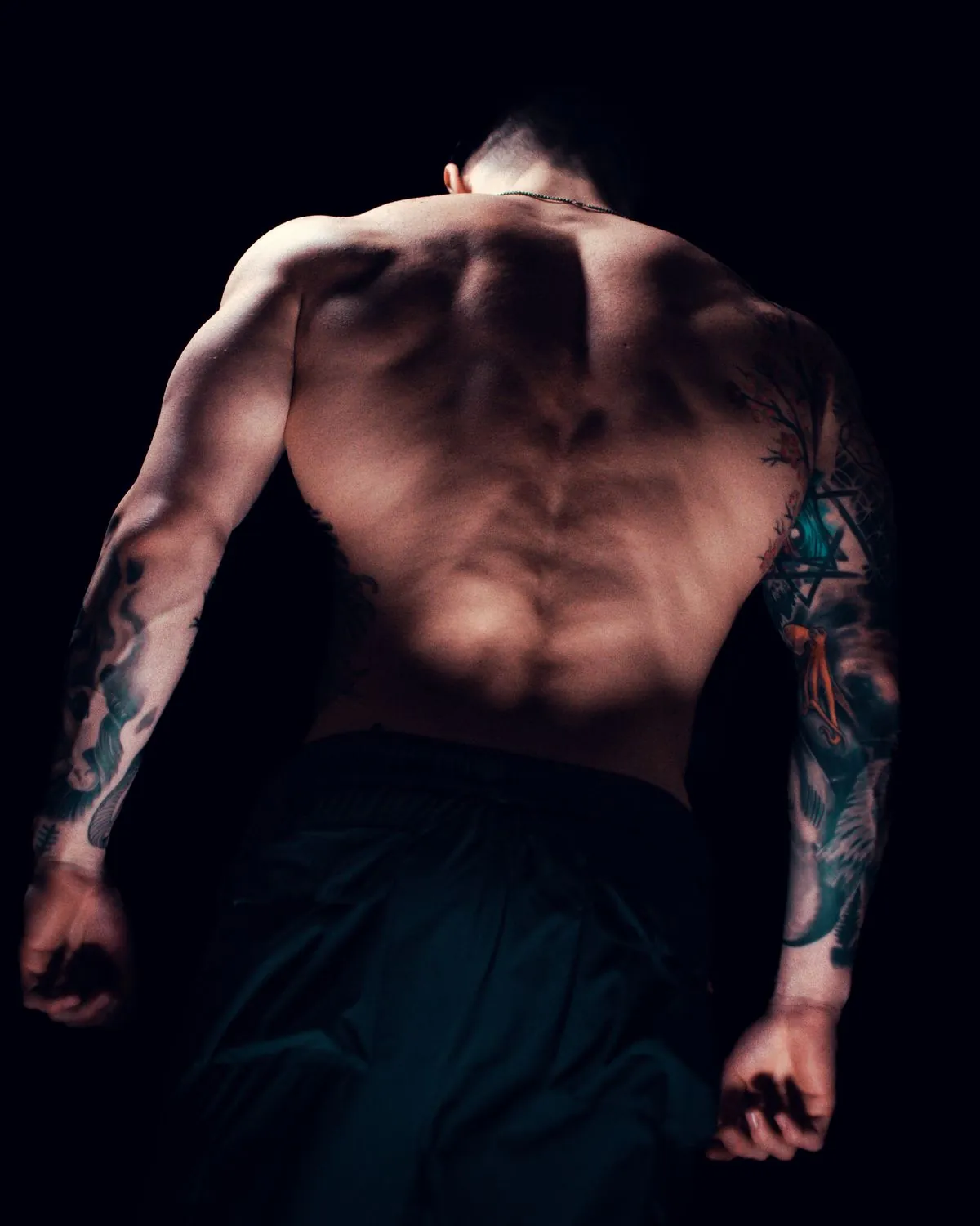 Dramatically lit back of a muscular athlete