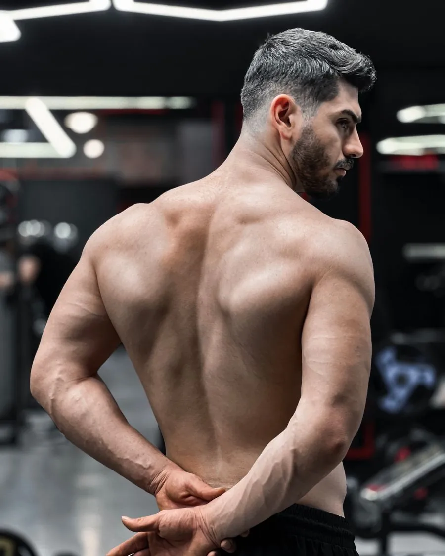 Muscular back of an athlete in a dark gym