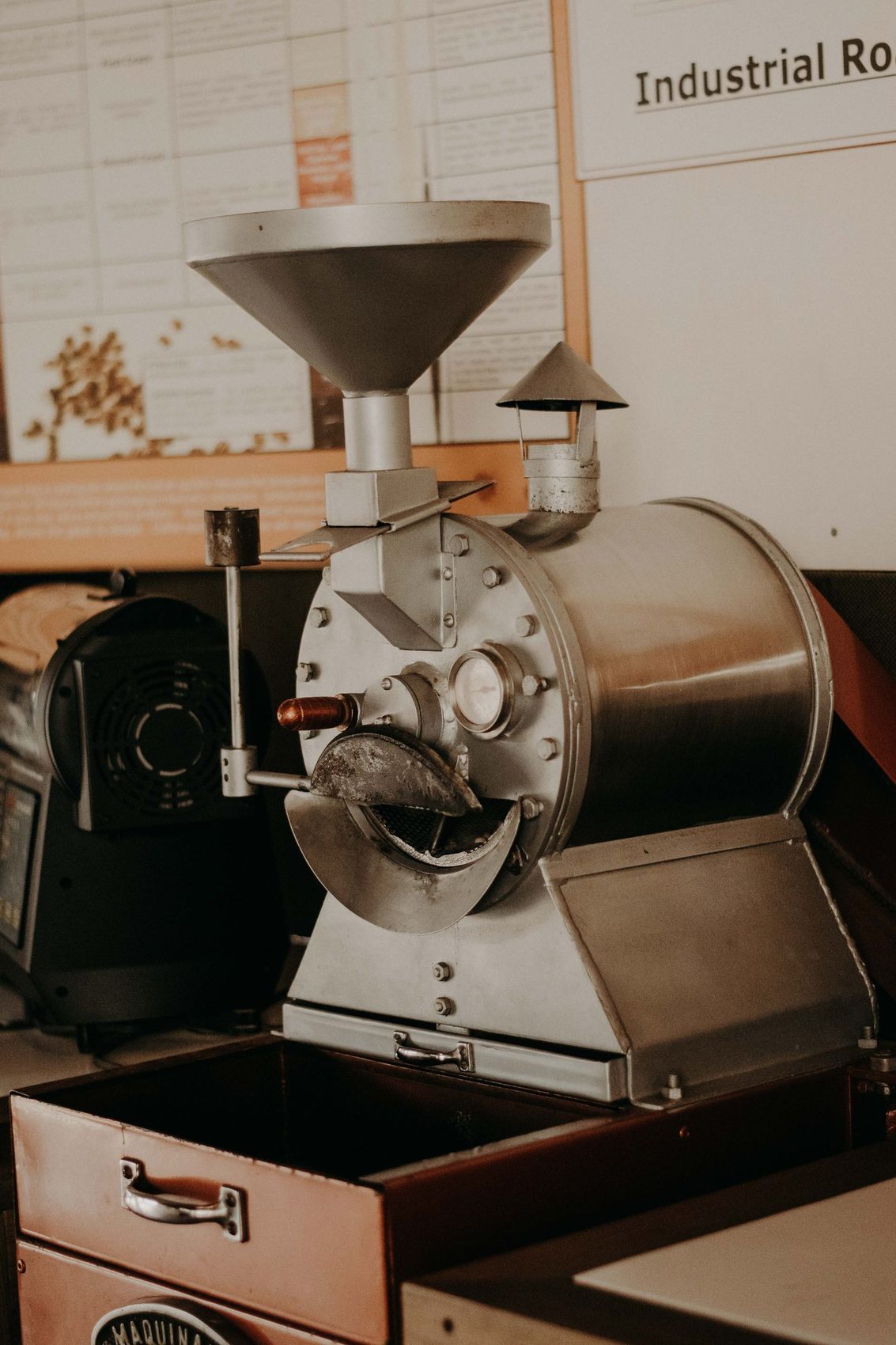 Compact specialty drum coffee roaster in a workshop