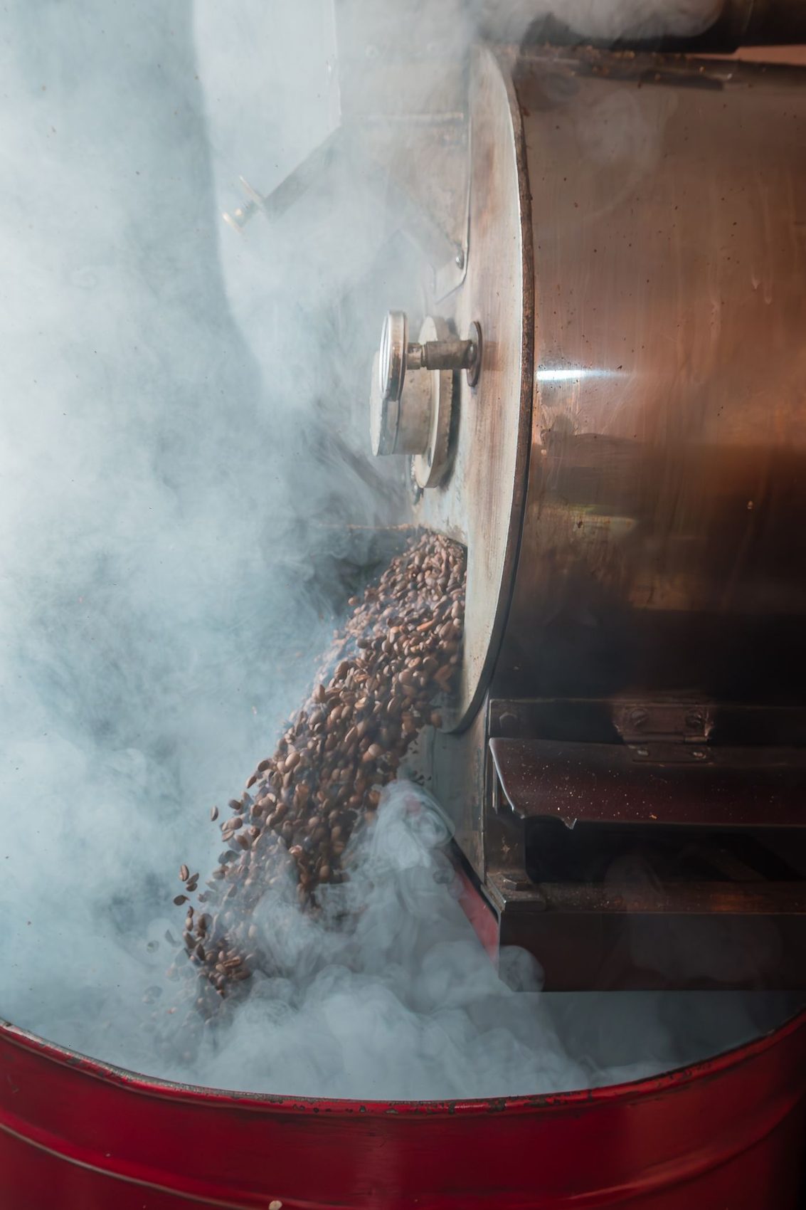 Roaster discharging beans with a controlled steam plume