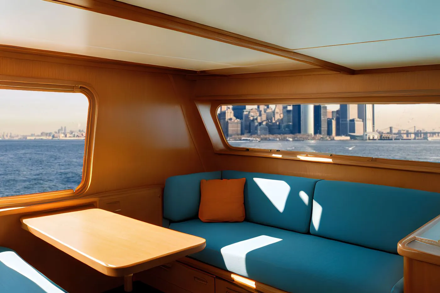 Bright yacht cabin with pale joinery and a picture window