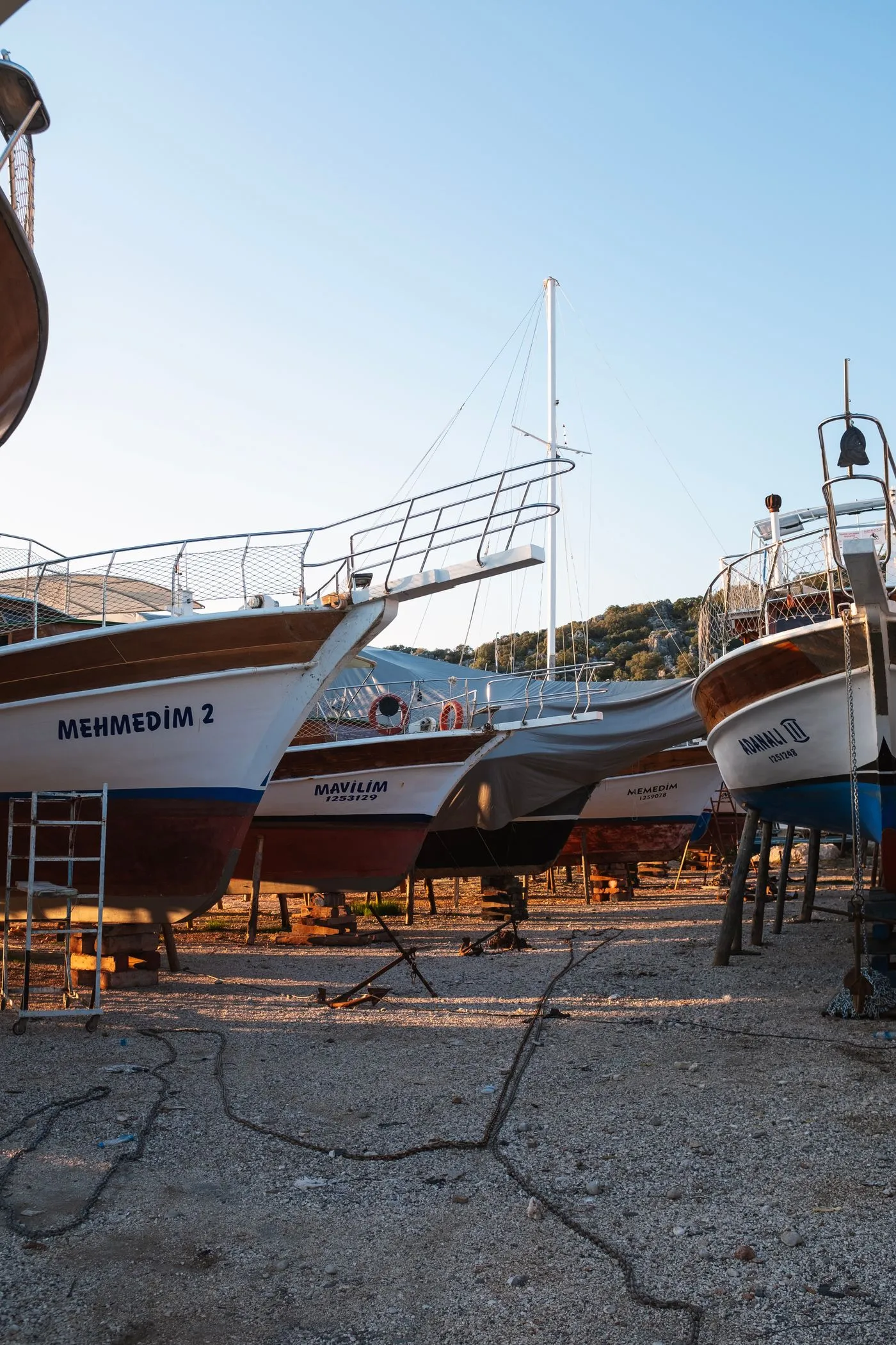 Vessels ashore in a boatyard at the end of the season