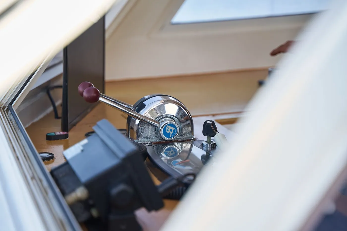 Close view of engine controls aboard a vessel