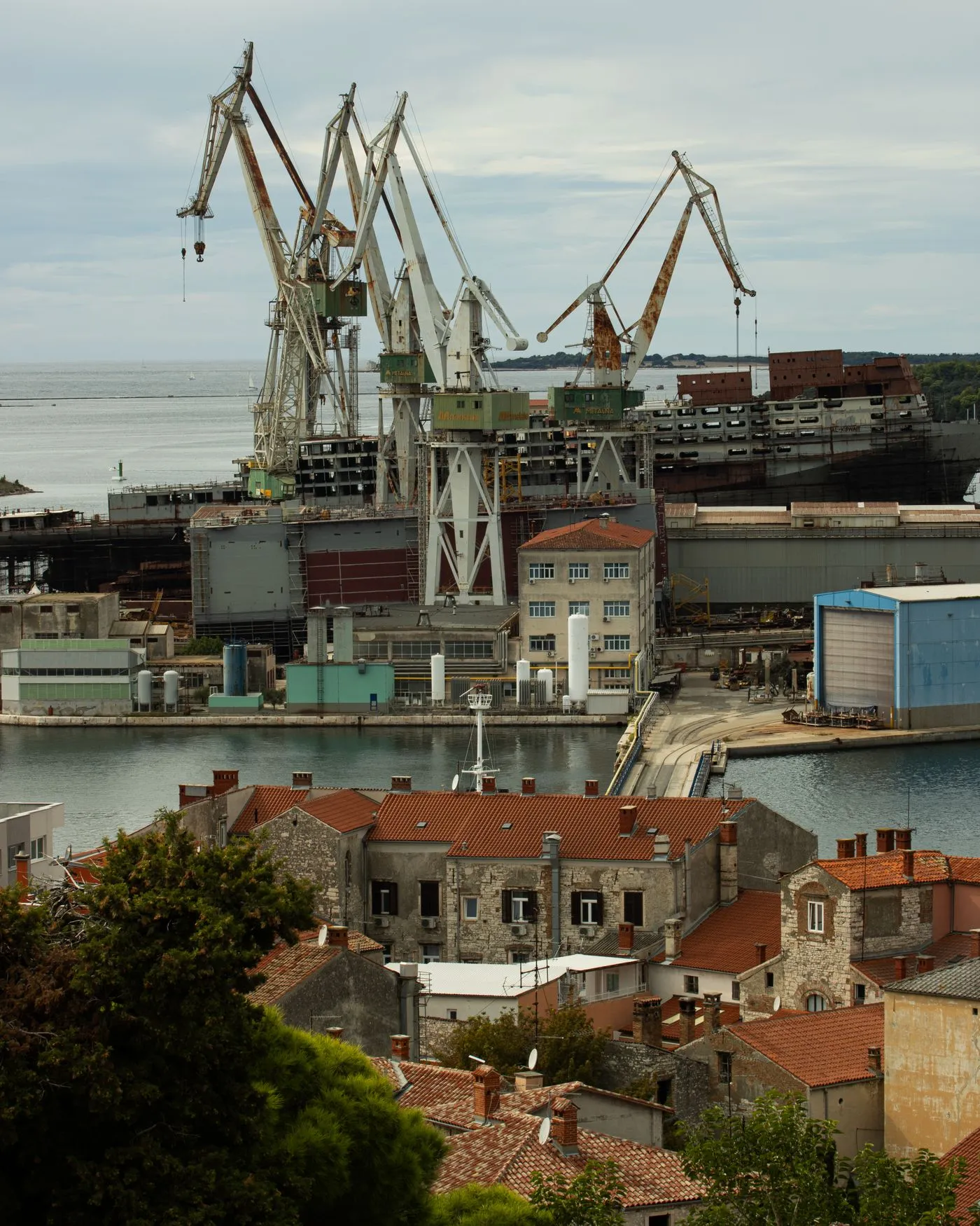 Aerial view of a working shipyard and marina