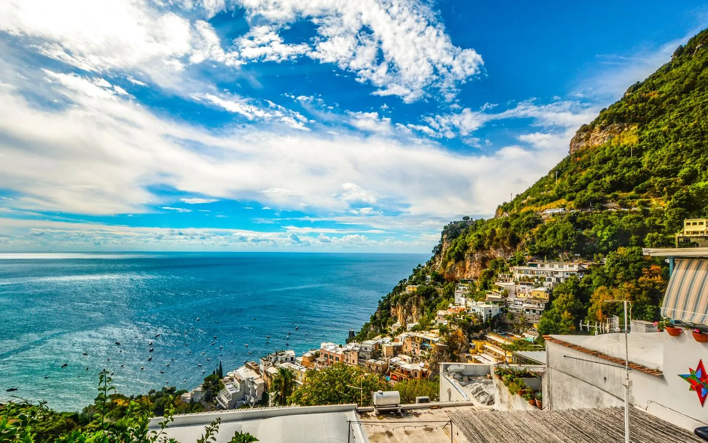 Amalfi coastline with blue sea and terraced hillsides