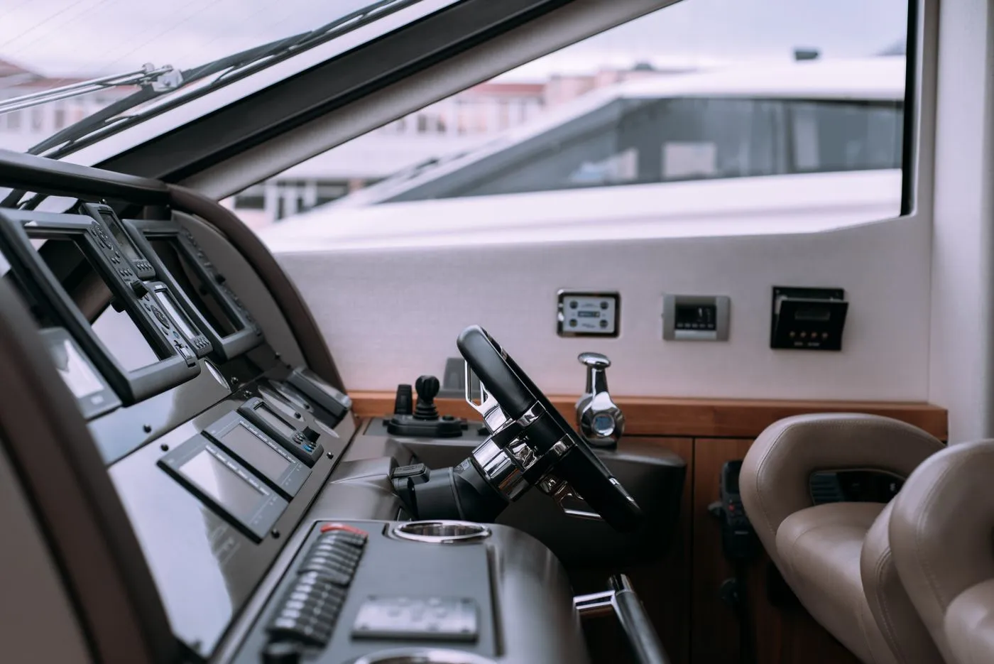 A yacht bridge console with navigation instruments