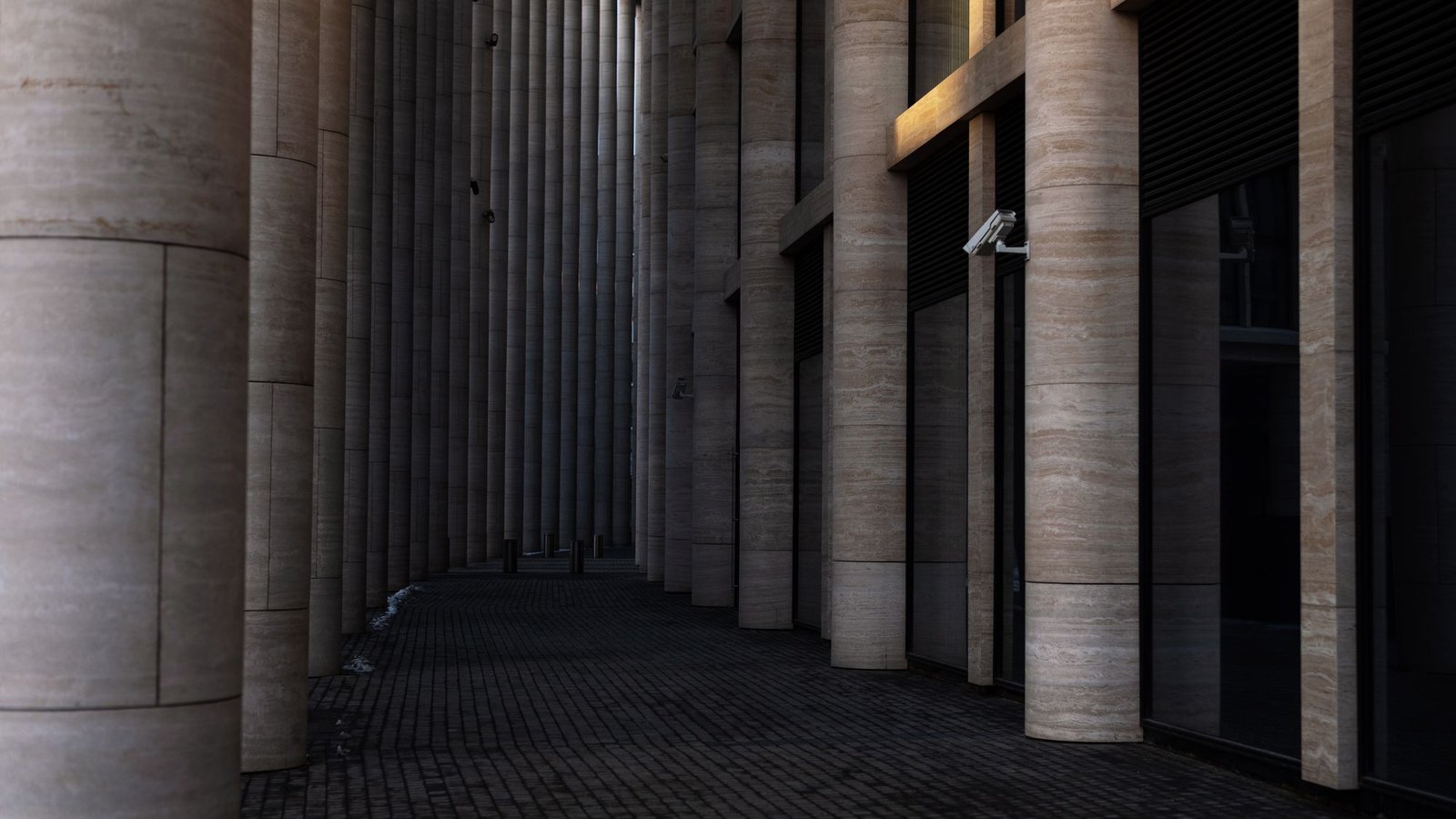 Deep colonnade of tall stone columns receding into shadow