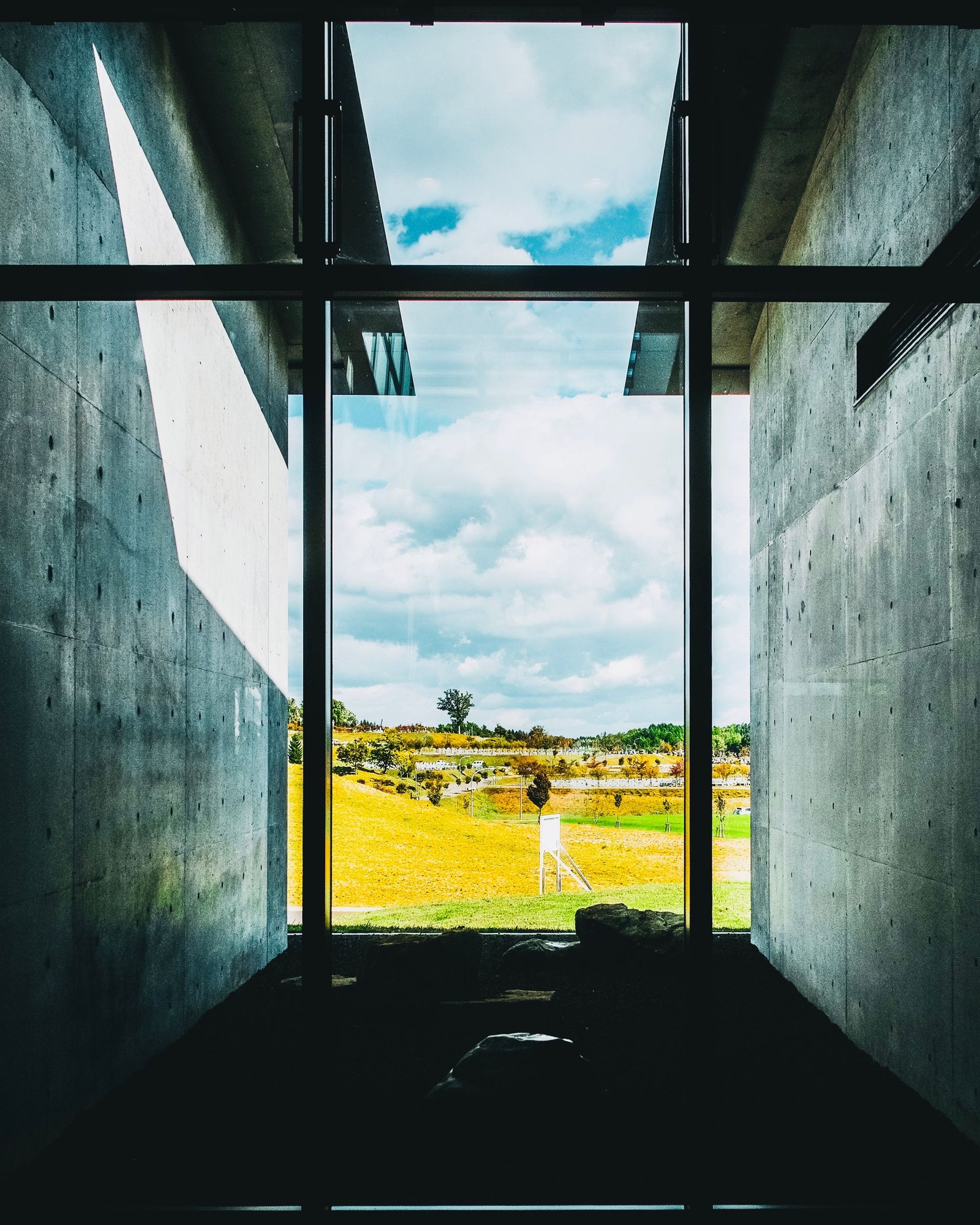 Dark concrete frame looking out onto a green wooded slope