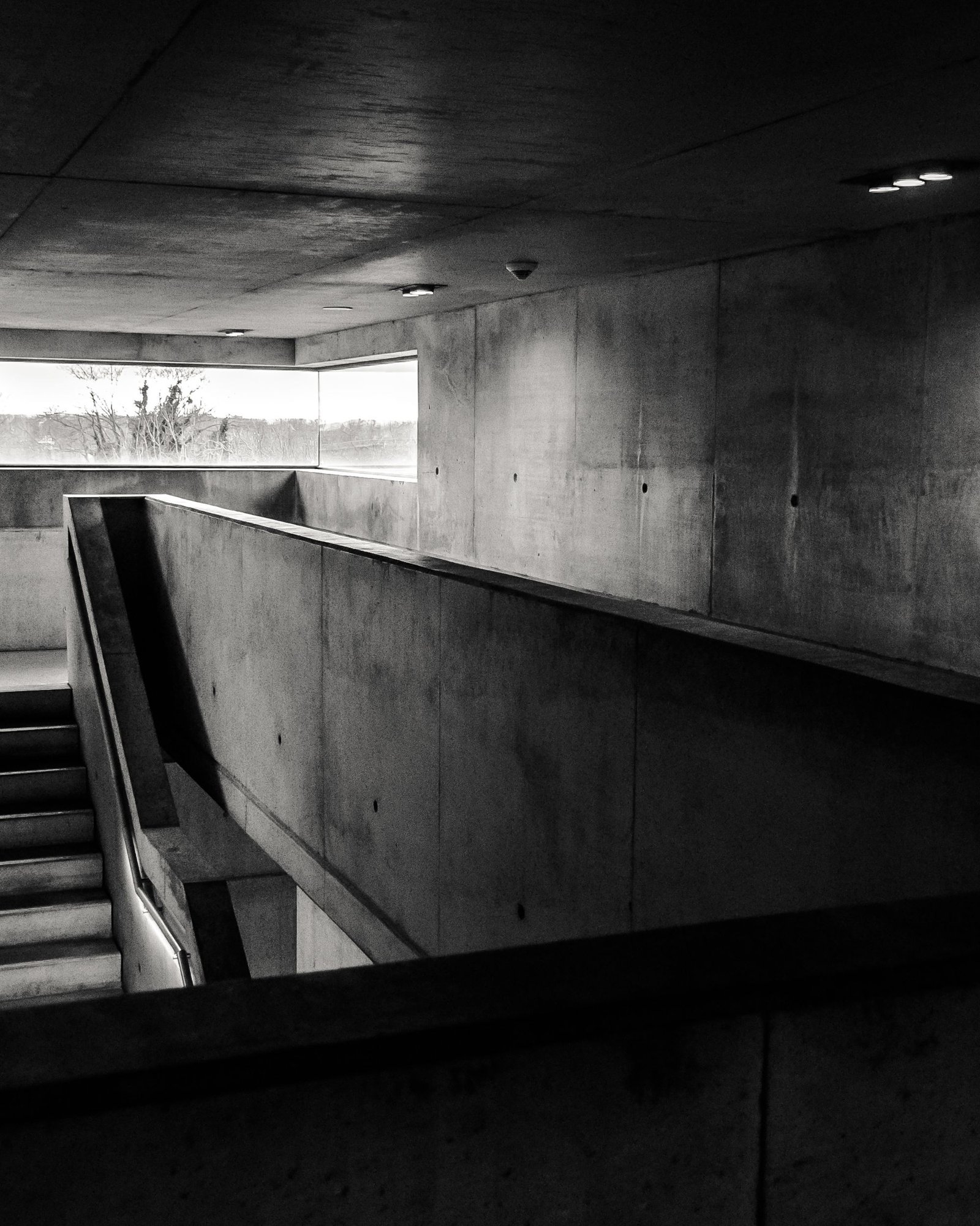 Concrete stair and balustrade in raking light, black and white