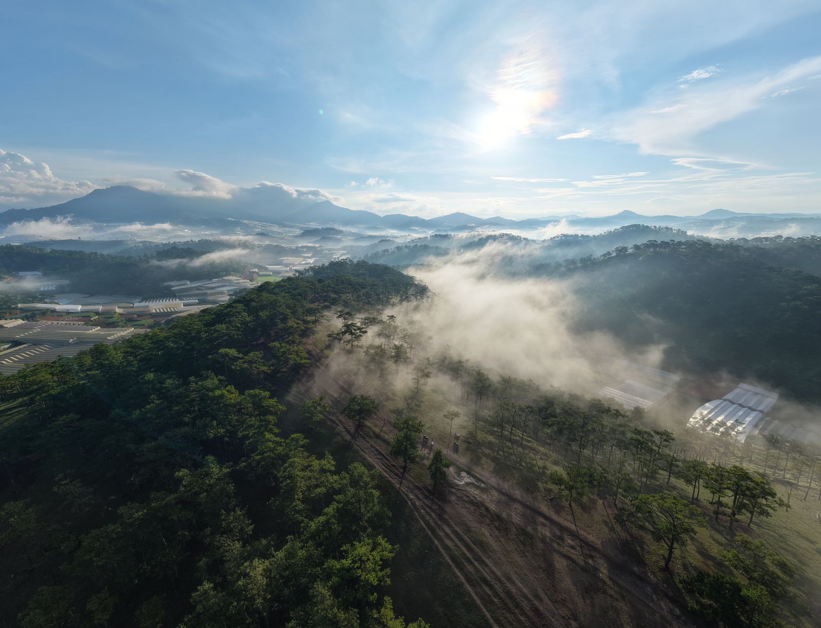 Aerial view of mist over forested mountains at sunrise