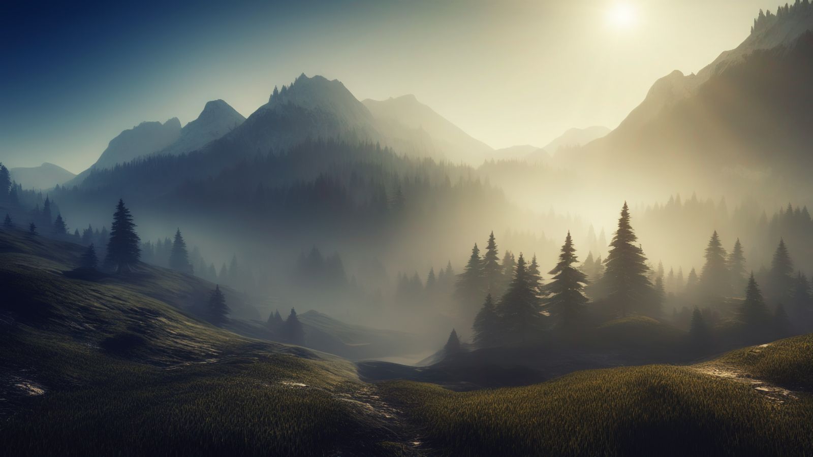 Sun breaking over a misty pine forest at sunrise